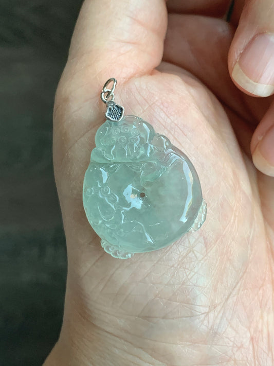 Certified Natural  Premium Icy Light Green Jadeite Lotus Flower Goldfish Ping An Kou Donut Pendant Sterling Silver 天然冰胶起光晴底翡翠莲花鱼吊坠