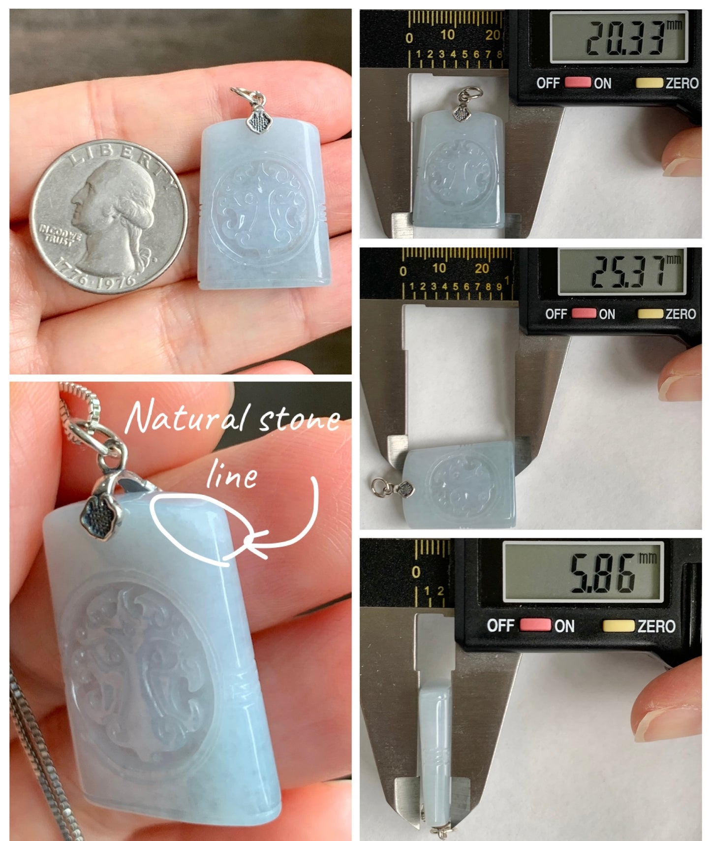 Natural Grade A Icy Translucent Pastel Blue Jade Jadeite Tao Tie Mythological Beast Tag Pendant Sterling Silver 7g 天然冰淡蓝底翡翠饕餮牌吊坠 TTE180
