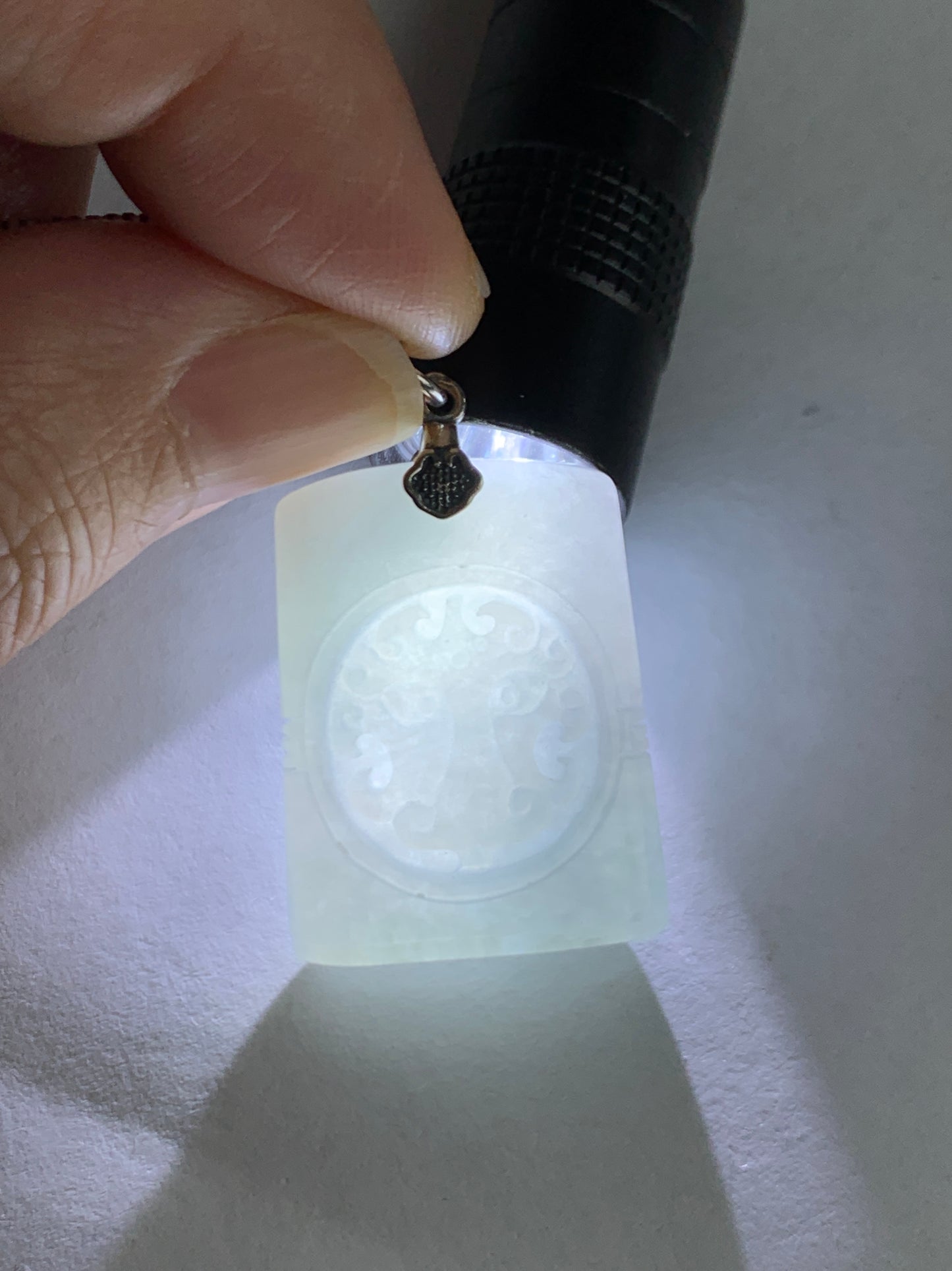 Natural Grade A Icy Translucent Pastel Blue Jade Jadeite Tao Tie Mythological Beast Tag Pendant Sterling Silver 7g 天然冰淡蓝底翡翠饕餮牌吊坠 TTE180