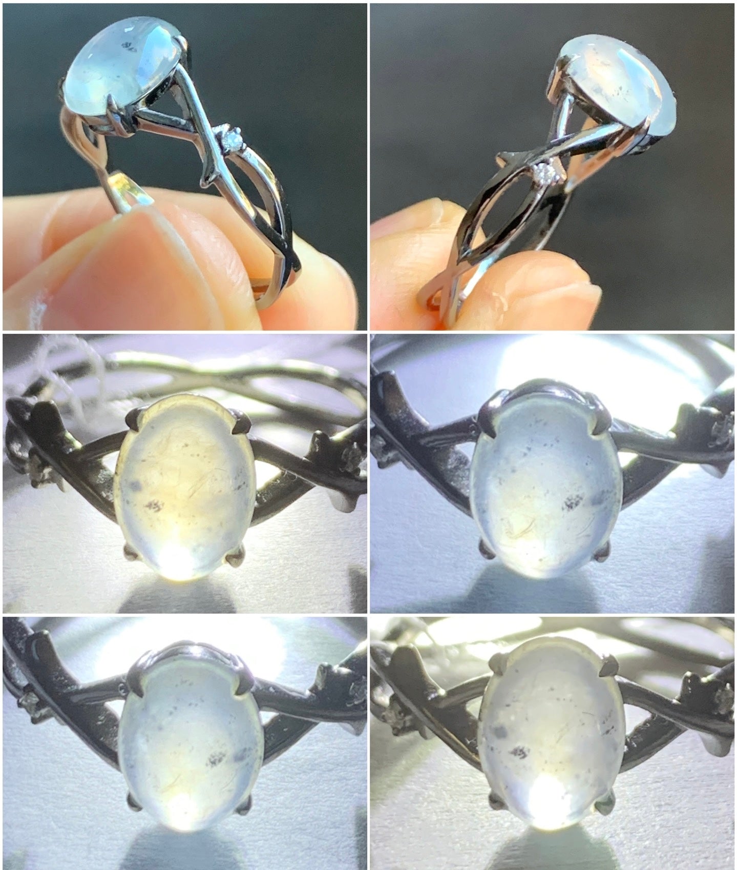 Certified Natural Grade A Premium Icy Transparent Wuji Marbled Jadeite Oval Solitaire Ring 18K Black Gold Diamonds Size 6.75 US 天然起光冰乌鸡翡翠黑金钻石戒指