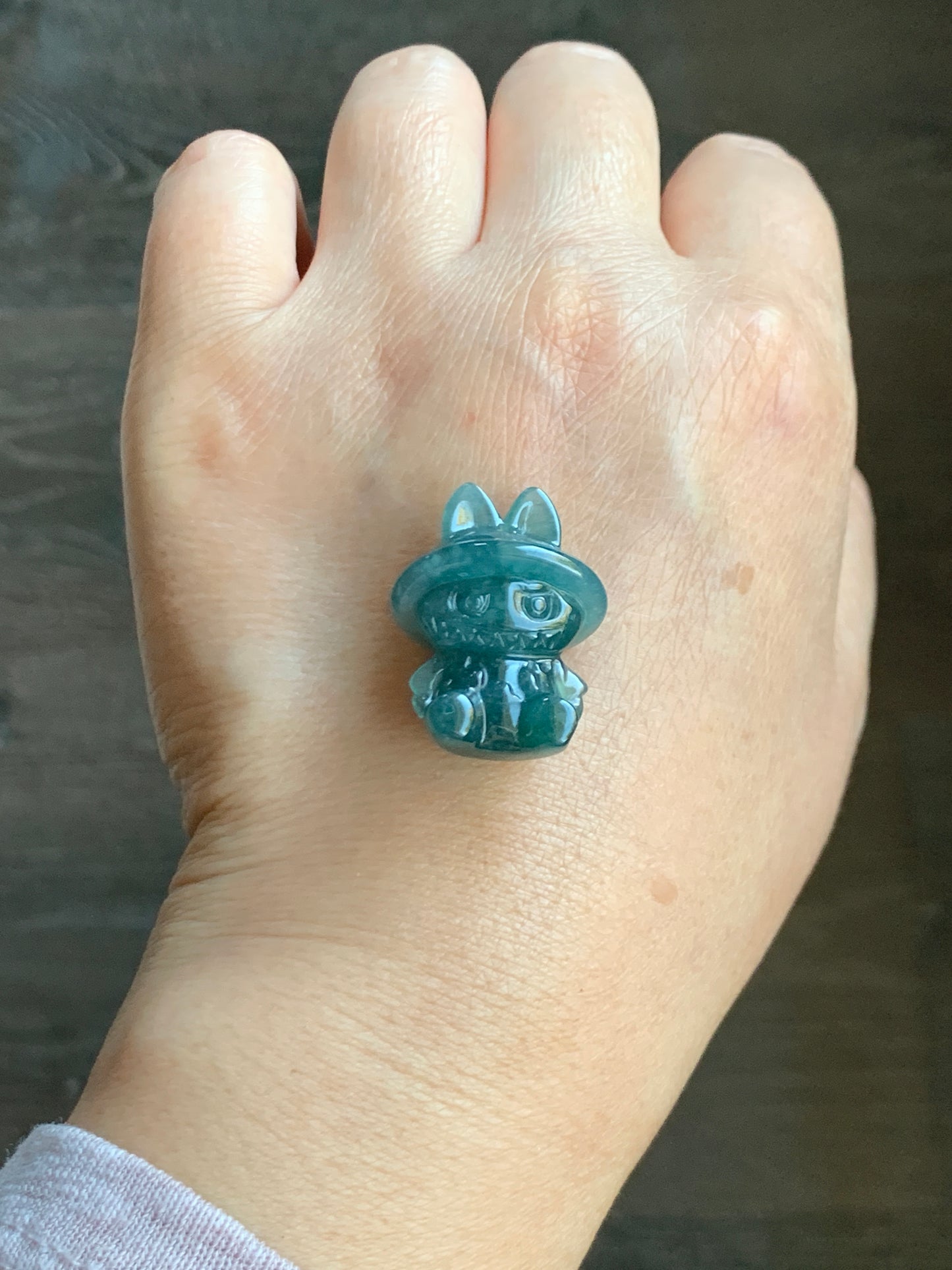 Natural Grade A Guatemalan Icy Translucent Dark Teal Blue Jade Jadeite Carved Monster Plush Pendant Rope Necklace 26” 天然冰胶危深蓝绿翡翠吊坠 LBB88-B