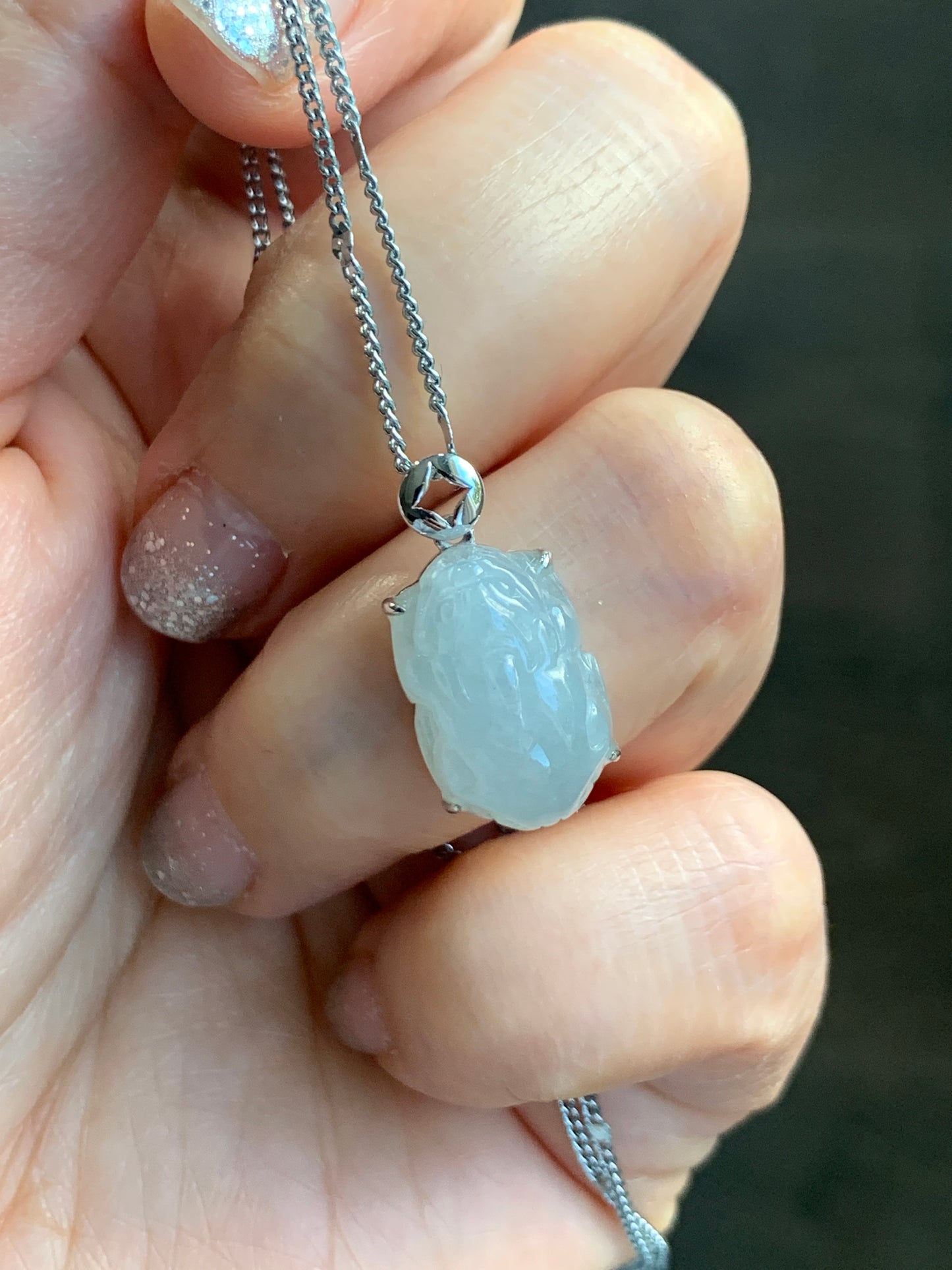 Certified Natural Grade A Icy Translucent Gelatinous Pastel Dusty Blue Jadeite Carved Petite Pixiu Pendant 18K White Gold 天然冰胶淡蓝翡翠貔貅镶嵌吊坠2296