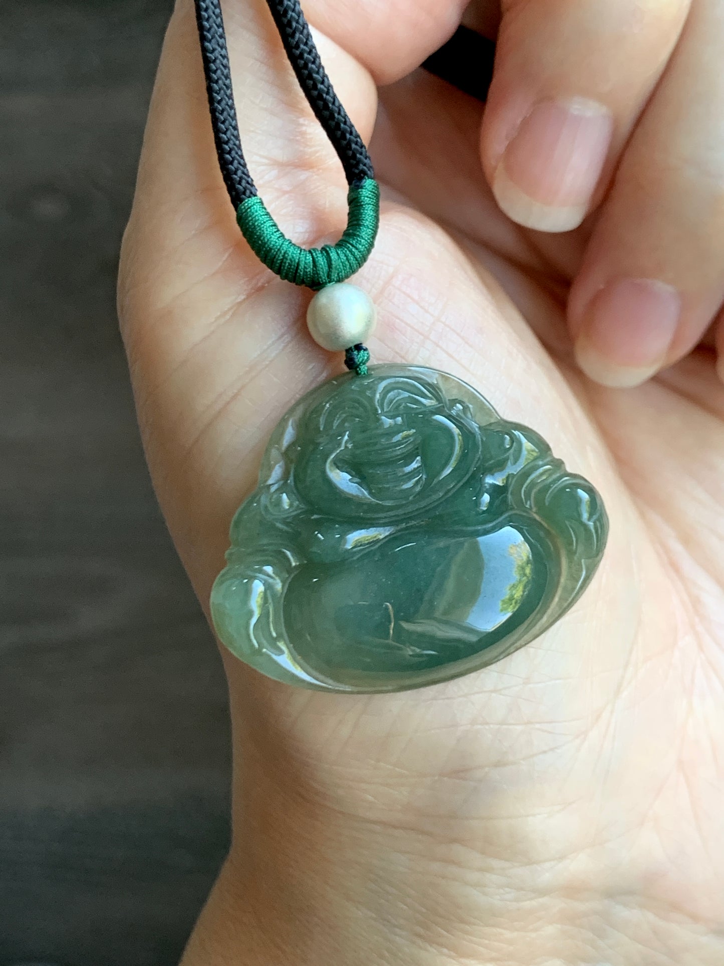 Natural  Icy Translucent Gelatinous Dark "Tea" Green Jadeite Buddha Pendant Rope Necklace Sterling Silver 28” 天然老油青翡翠佛公吊坠 LYQ225D