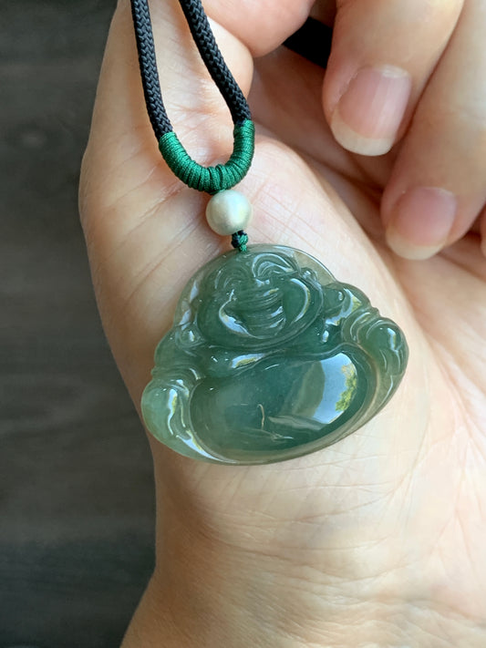 Natural  Icy Translucent Gelatinous Dark "Tea" Green Jadeite Buddha Pendant Rope Necklace Sterling Silver 28” 天然老油青翡翠佛公吊坠 LYQ225D