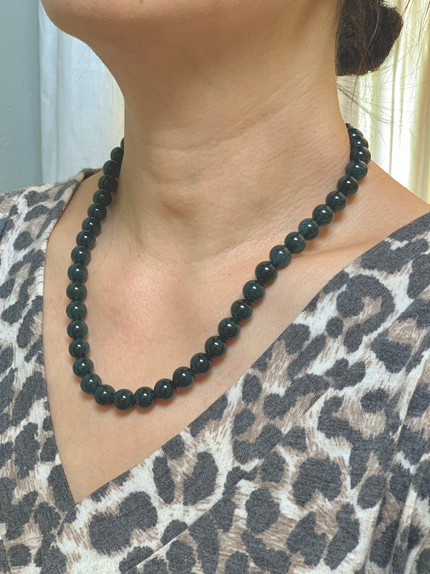 Natural Grade A Guatemalan Icy Translucent Dark Aegean Blue Jade Jadeite Beaded Necklace 19” 79g Sterling Silver 天然冰危深牛仔蓝翡翠大卡圆珠项链 NZL563