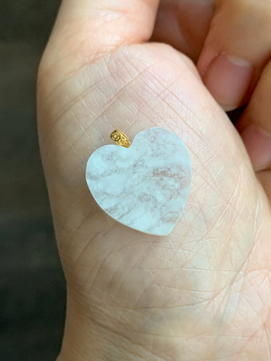 Natural  Highly Translucent Icy Jadeite w/ White Marbling Heart Pendant 18K Yellow Gold Bail 17” Cord 天然白冰莫西沙翡翠爱心镶嵌吊坠 Style 1