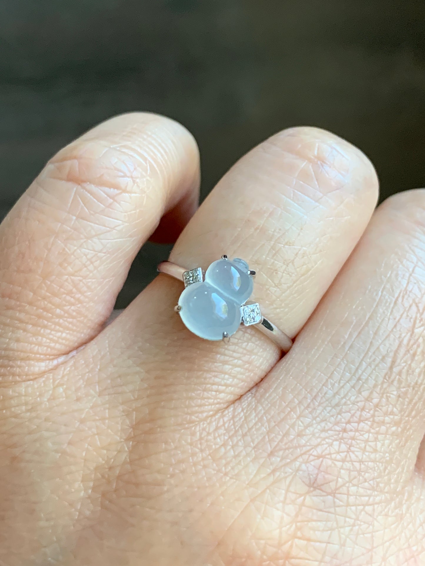 Certified Natural  Premium Highly Translucent Jadeite Hulu Gourd Ring 18K White Gold & Diamonds Sz 7 天然正冰起光起钢白冰葫芦钻石镶嵌戒指