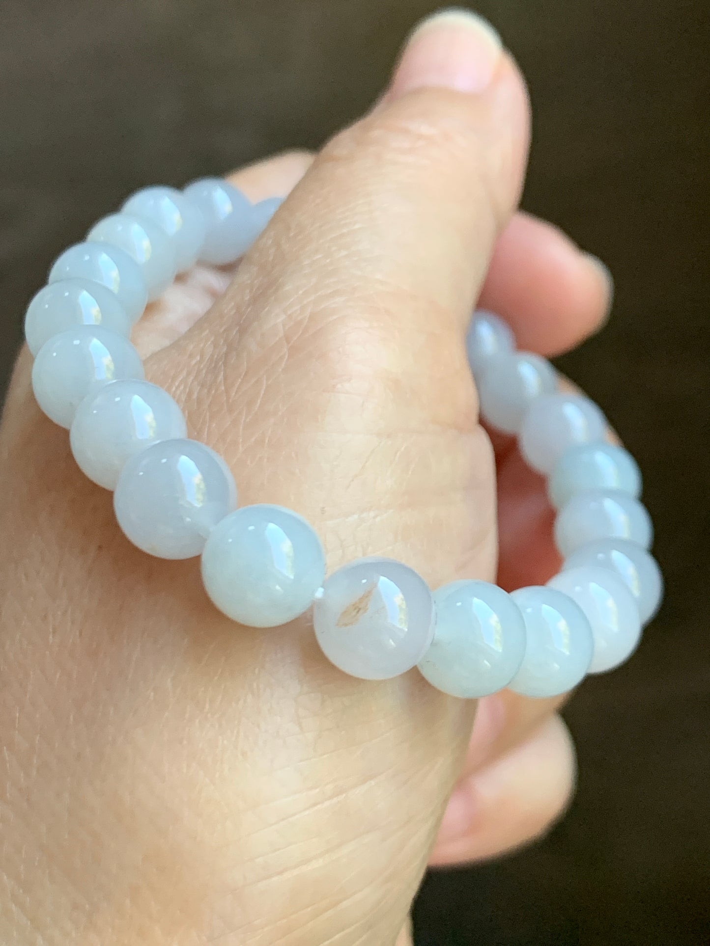 Certified Natural Grade A Icy Translucent Gelatinous Pastel Blue Golden Marbled Jadeite Beaded Bracelet 8.7mm 7.25” 天然老种冰胶淡蓝底撒金翡翠圆珠手串 9409