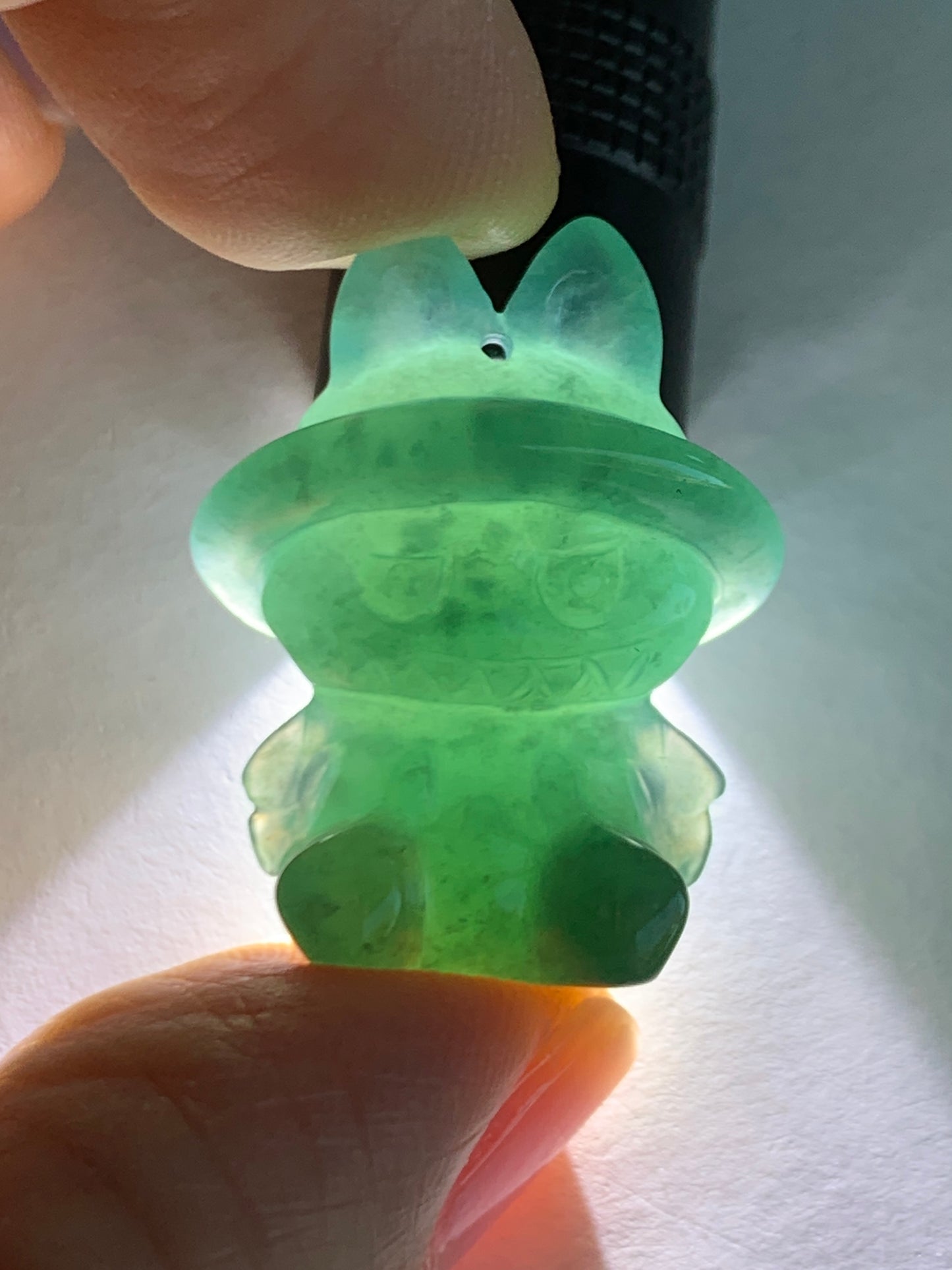 Natural Grade A Guatemalan Icy Translucent Dark Teal Blue Jade Jadeite Carved Monster Plush Pendant Rope Necklace 26” 天然冰胶危深蓝绿翡翠吊坠 LBB88-B