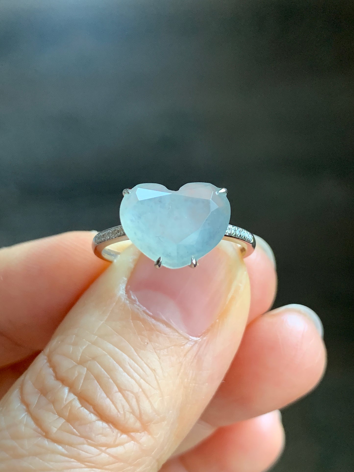 Certified Natural Grade A Premium Icy White Jadeite Diamond Faceted Heart Ring Natural Diamonds 18K White Gold Sz 7 天然正冰白水翡翠切割面爱心钻石镶嵌戒指 5665