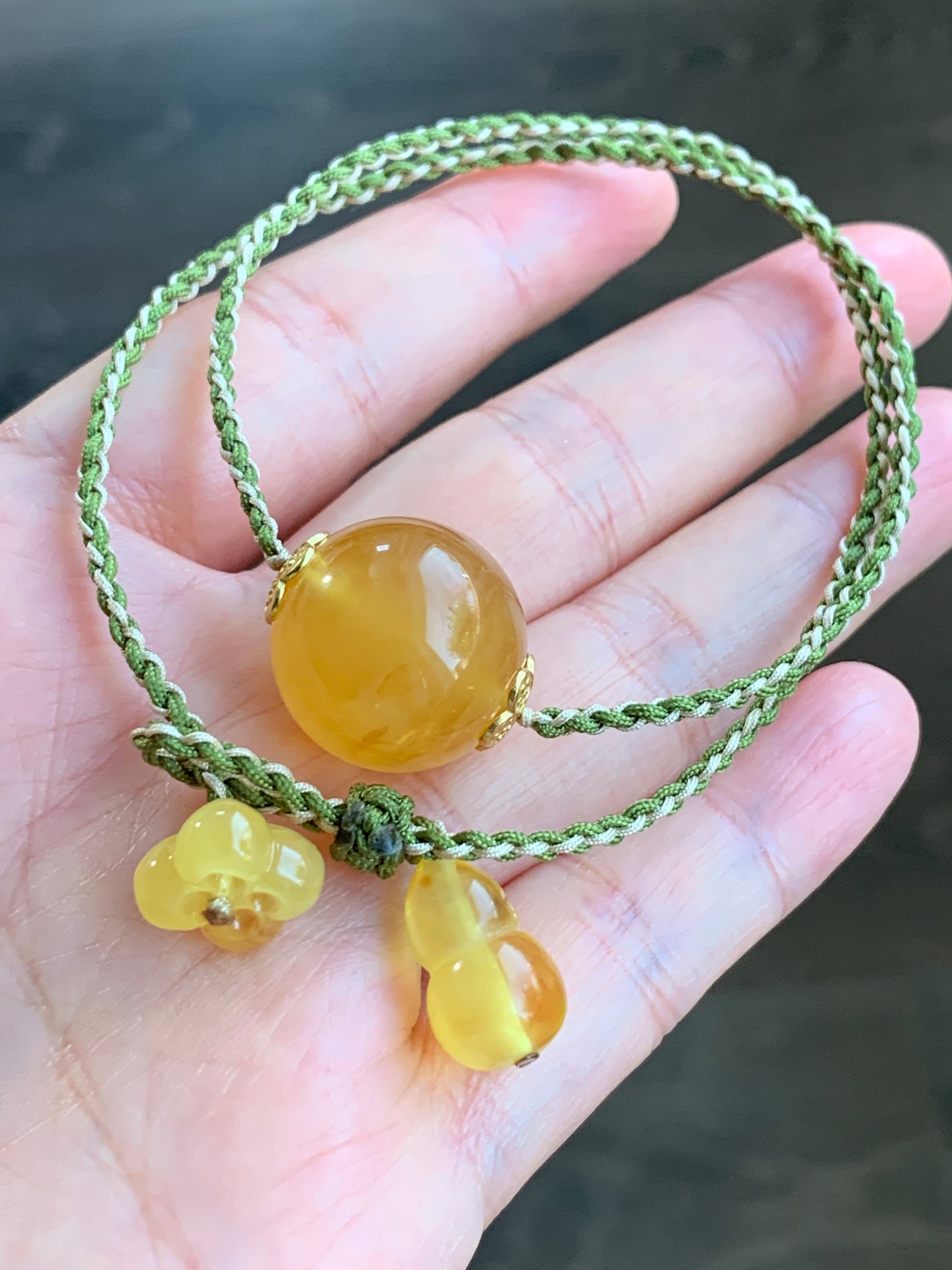 Natural Honeybee Wax Amber Large Sphere Rope Necklace w/ Amber Charms Sterling Silver 17” Adjustable