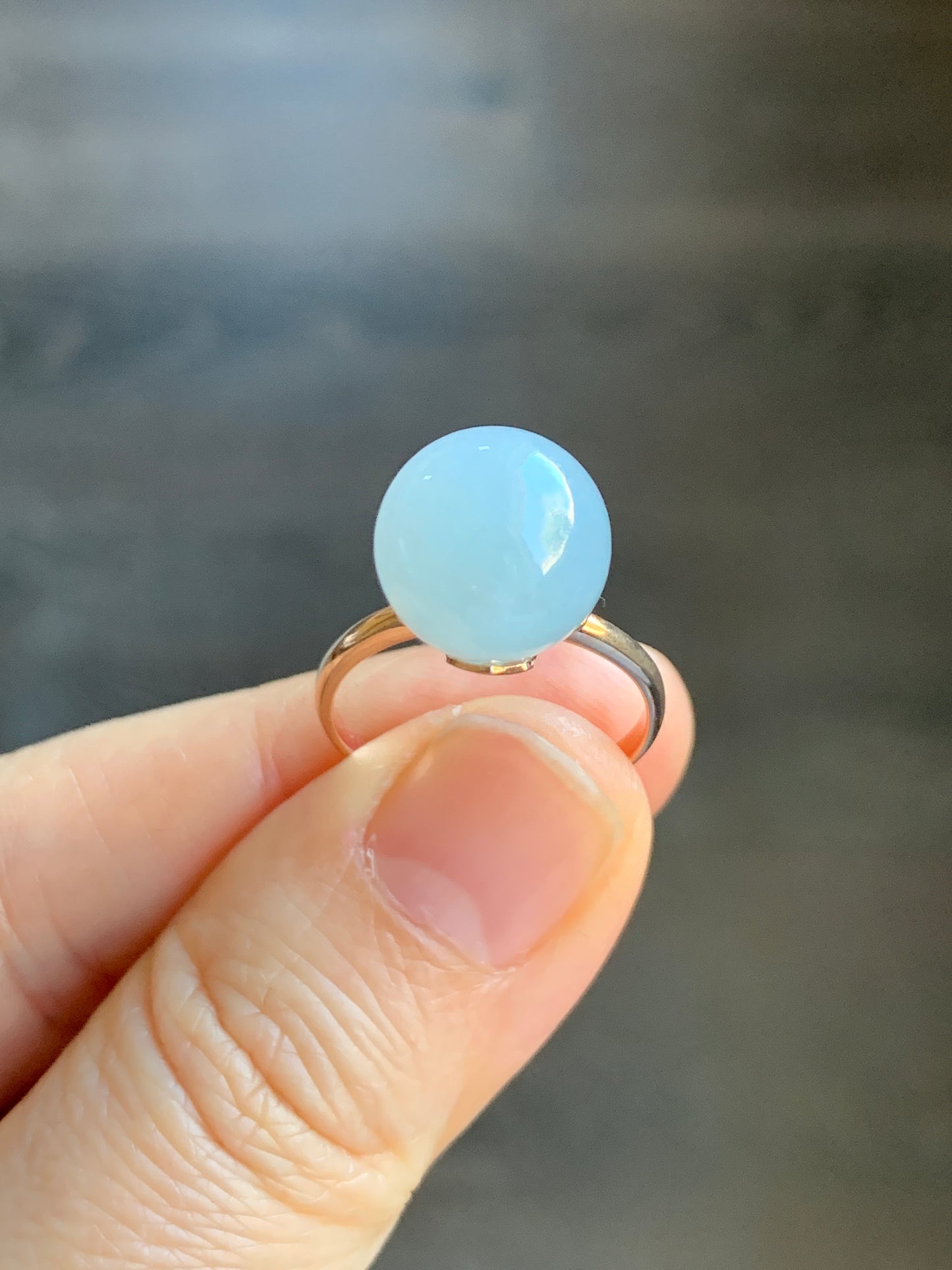 Certified Natural Grade A Icy Translucent Gelatinous Light Blue Jadeite Sphere Round Bead Ring 18K Rose Gold 4.71g sz 7 US 天然A货冰胶淡蓝翡翠单珠镶嵌戒指
