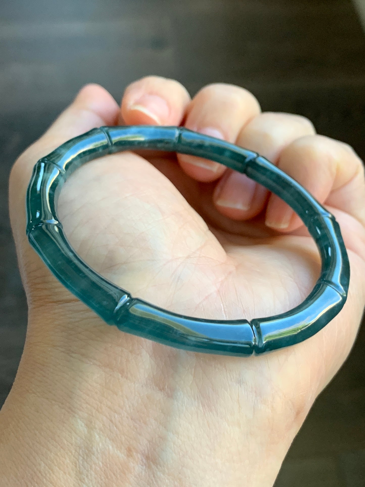 Natural Grade A Icy Translucent Gelatinous Dark Teal Green Jadeite Carved Bamboo Bangle Bracelet 56.7mm 7” 19g 天然冰危深篮绿翡翠竹节手镯 ZJ600-3