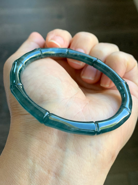 Natural Grade A Icy Translucent Gelatinous Dark Teal Green Jadeite Carved Bamboo Bangle Bracelet 56.7mm 7” 19g 天然冰危深篮绿翡翠竹节手镯 ZJ600-3