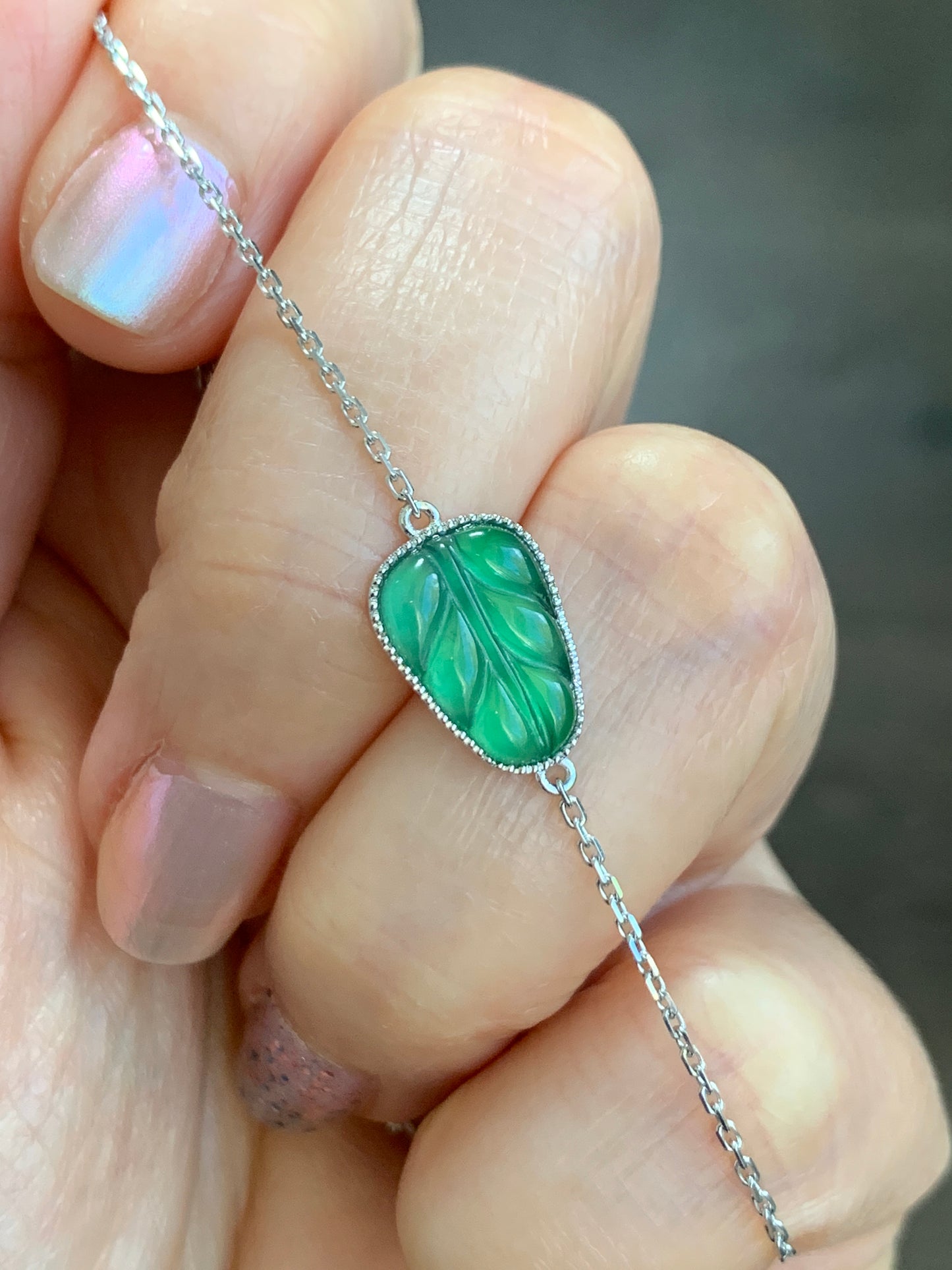 Certified Natural Grade A Guatemalan Green Jade Jadeite Carved Leaf Chain Bracelet 18K White Gold Adjustable 6-6.75” 1.81g 天然冰危绿翡翠叶子镶嵌手链