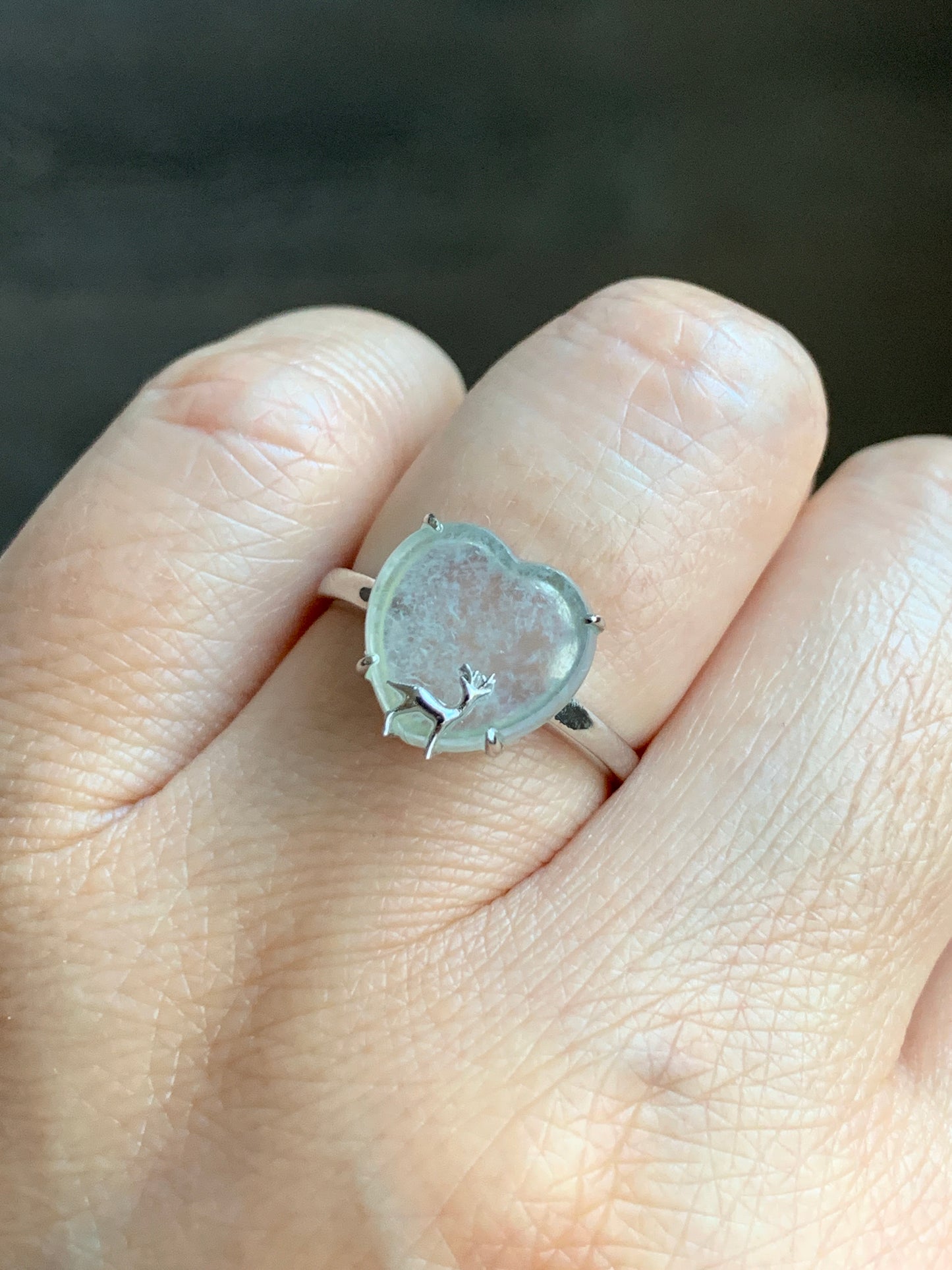 Certified Natural Grade A Premium Icy Transparent White Jadeite Heart w/ Deer Ring 18K White Gold Size 7 2.38g 天然玻璃种起钢白冰翡翠爱心小鹿镶嵌戒指 3887