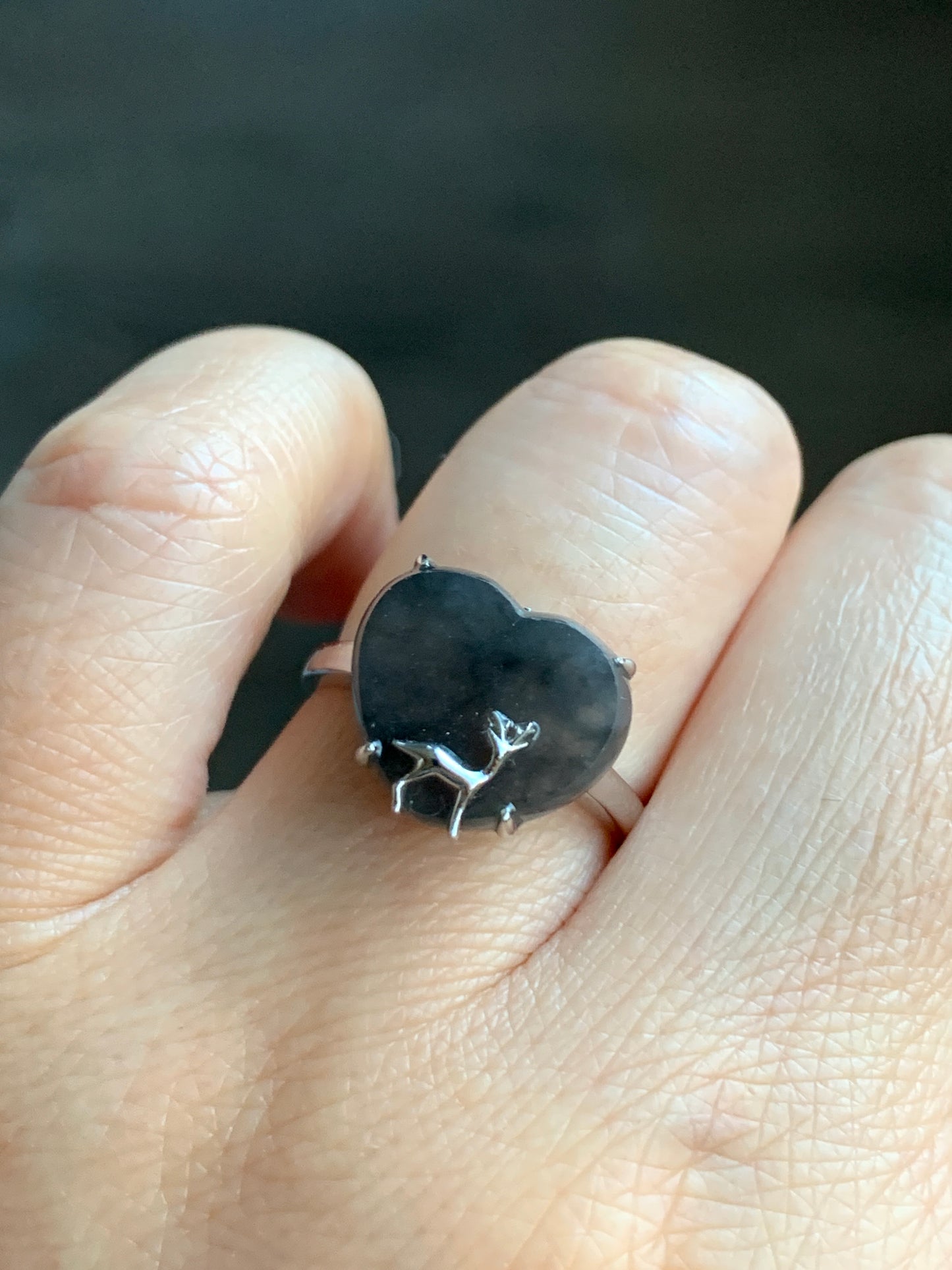 Certified Natural Grade A Premium Icy Translucent Dark Wuji Jadeite Heart Ring w/ Deer Design 18K White Gold Sz 7 3.04g 天然冰乌鸡翡翠爱心小鹿镶嵌戒指 3887