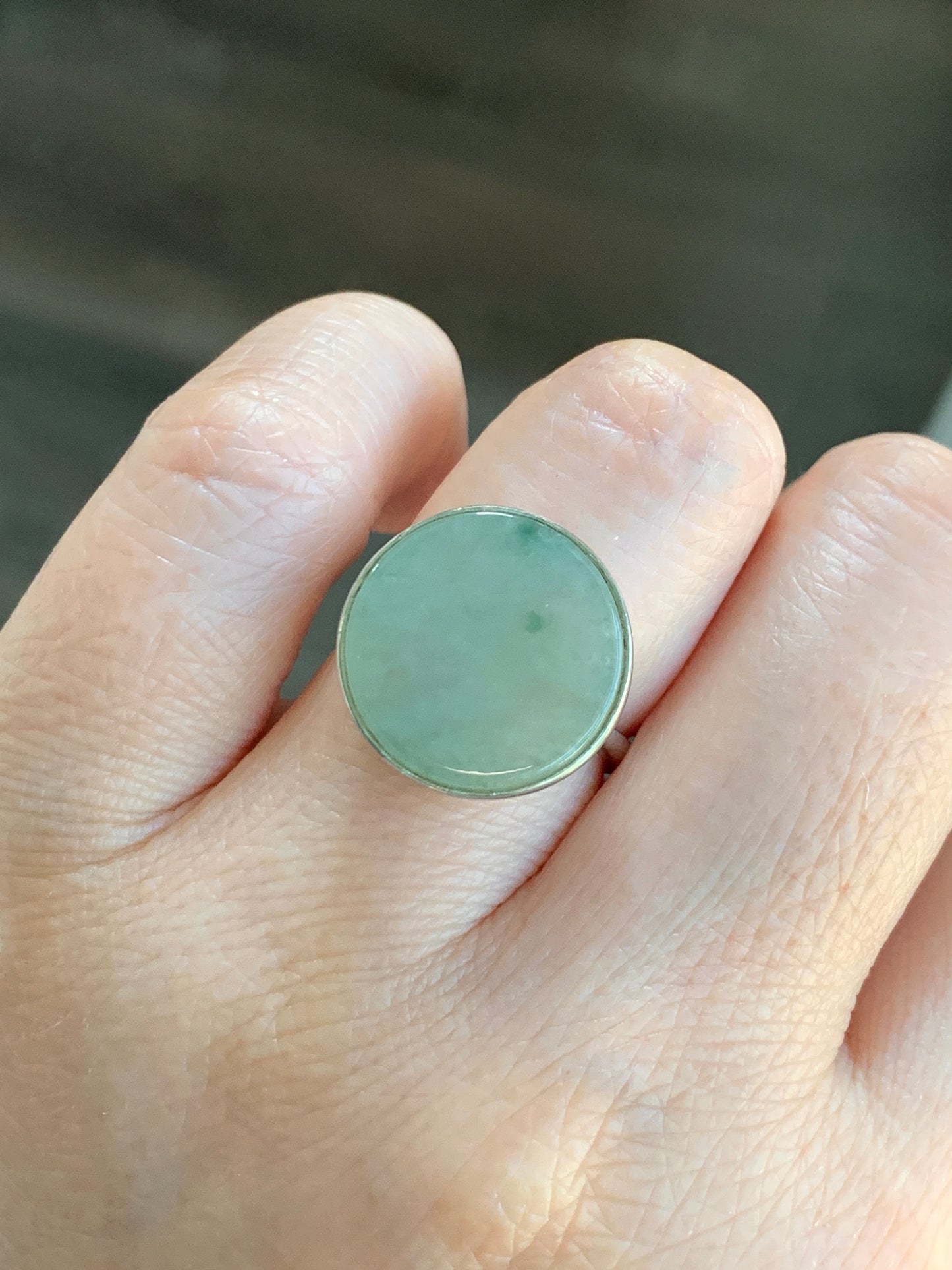 Natural Grade A Icy Translucent Gelatinous Dusty Green w/ Green Marbling Jade Jadeite Disc Ring S925 Silver Size Adjustable 天然晴绿飘花翡翠无事牌银镶戒指 WSP