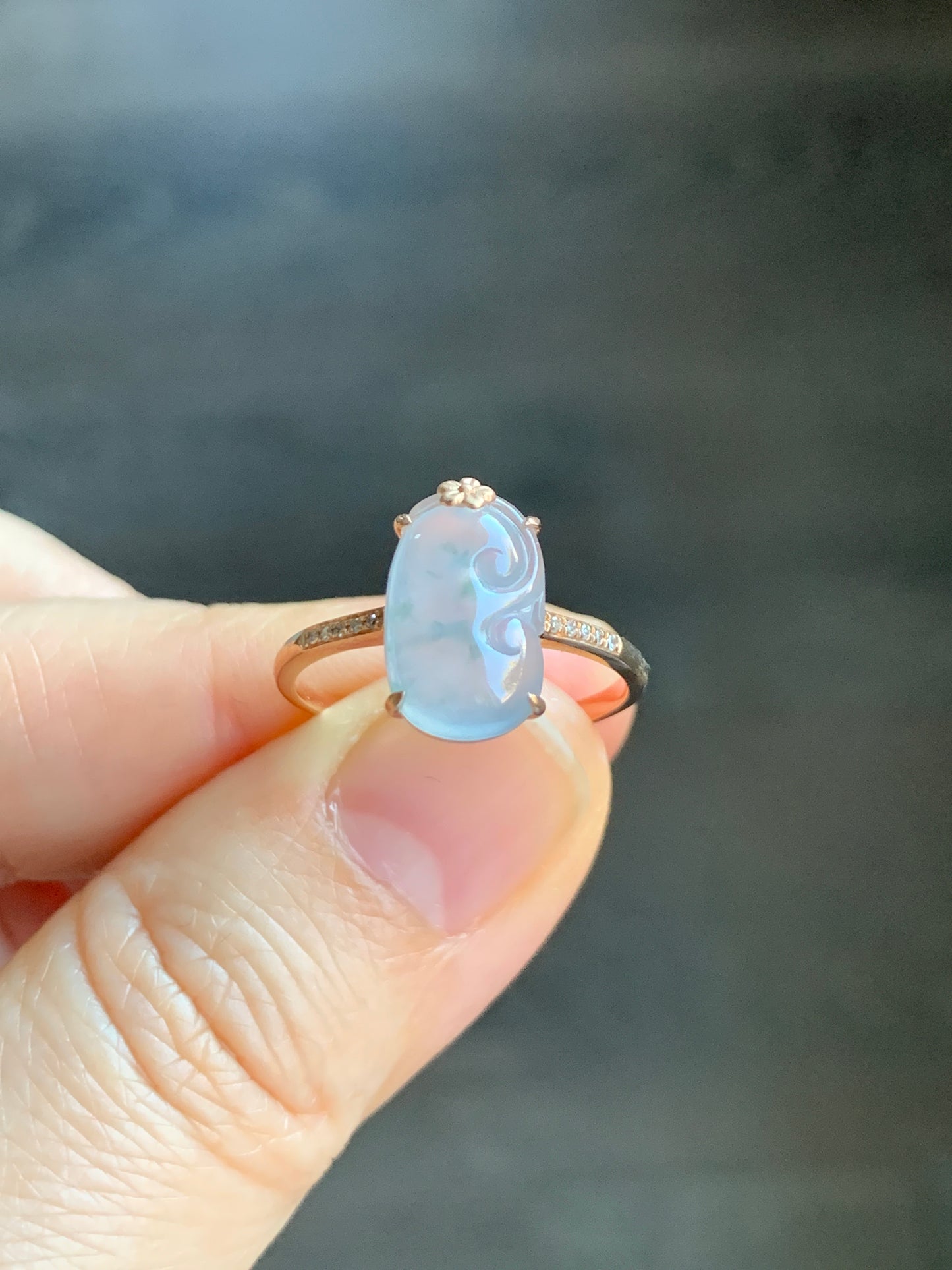 Certified Natural Garde A Premium Icy Translucent Teal Green Marbled Jadeite Ruyi Ring 18K Rose Gold Diamonds Size 7 天然翡翠冰胶飘花如意钻石镶嵌戒指 560