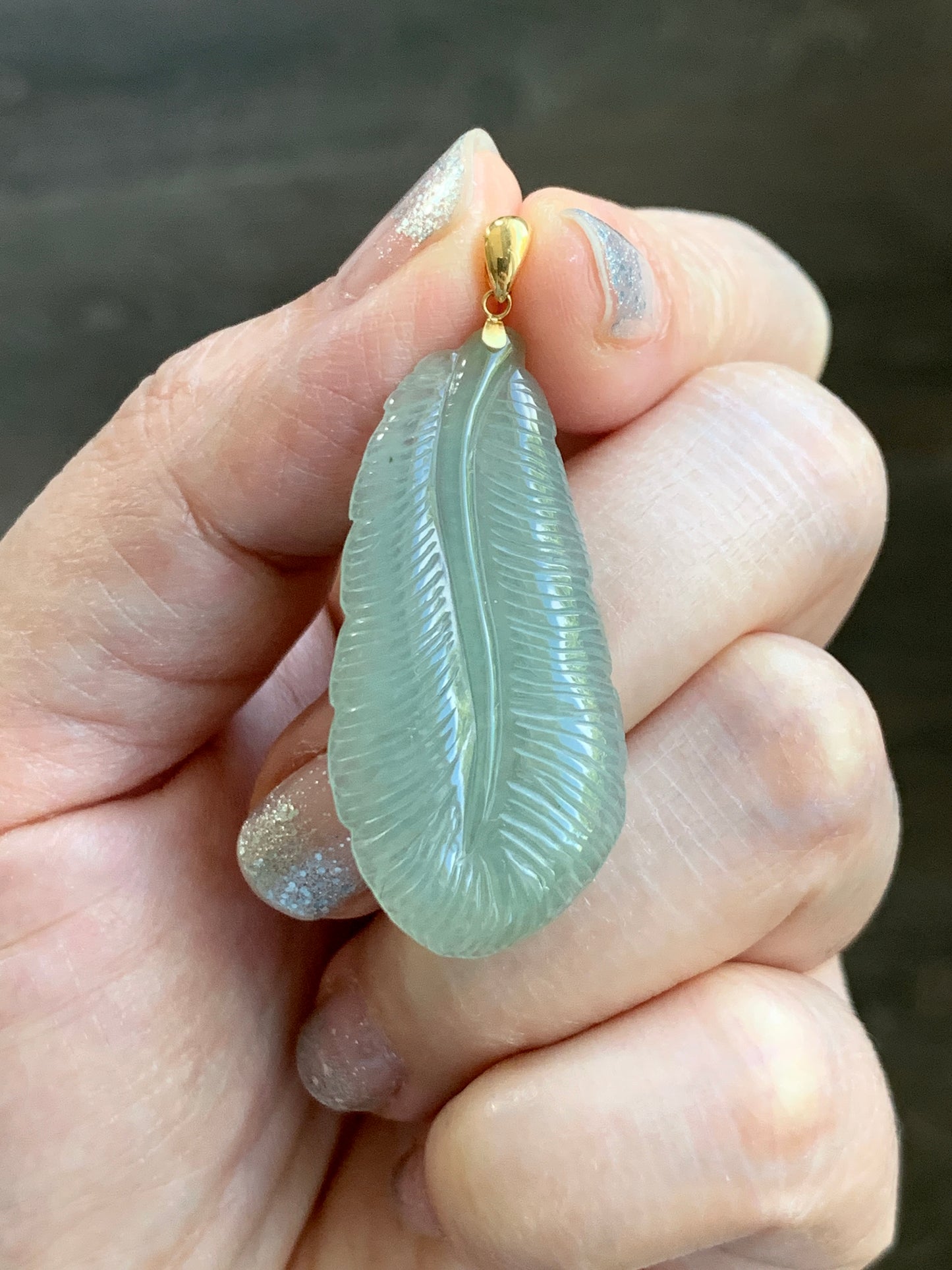 Natural Grade A Icy Translucent Light Green Jade Jadeite Carved Large Feather Pendant 18K Yellow Gold Bail 天然冰绿翡翠羽毛镶嵌吊坠 MQL228