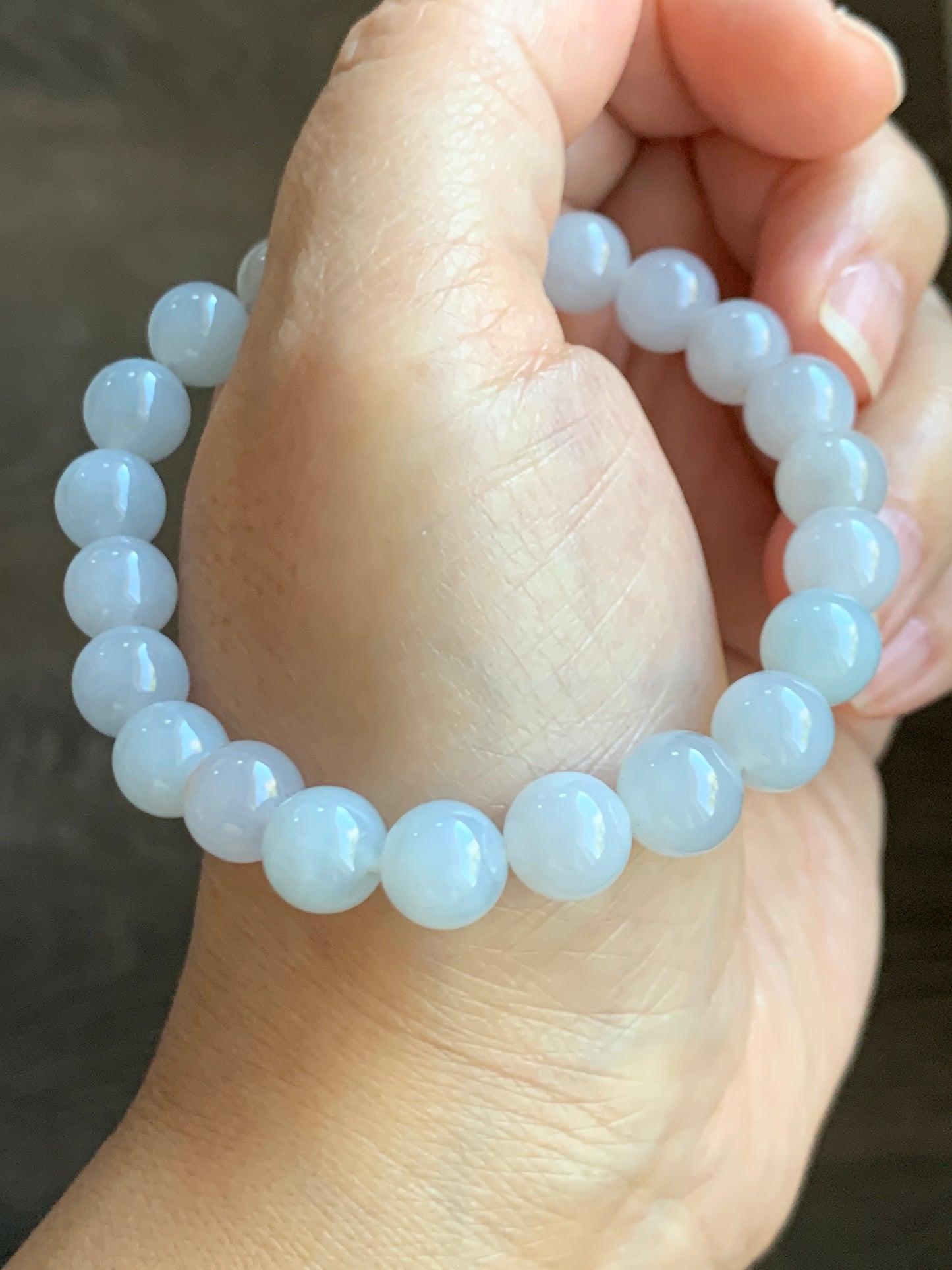 Certified Natural Grade A Icy Translucent Gelatinous Pastel Blue Golden Marbled Jadeite Beaded Bracelet 8.7mm 7.25” 天然老种冰胶淡蓝底撒金翡翠圆珠手串 9409