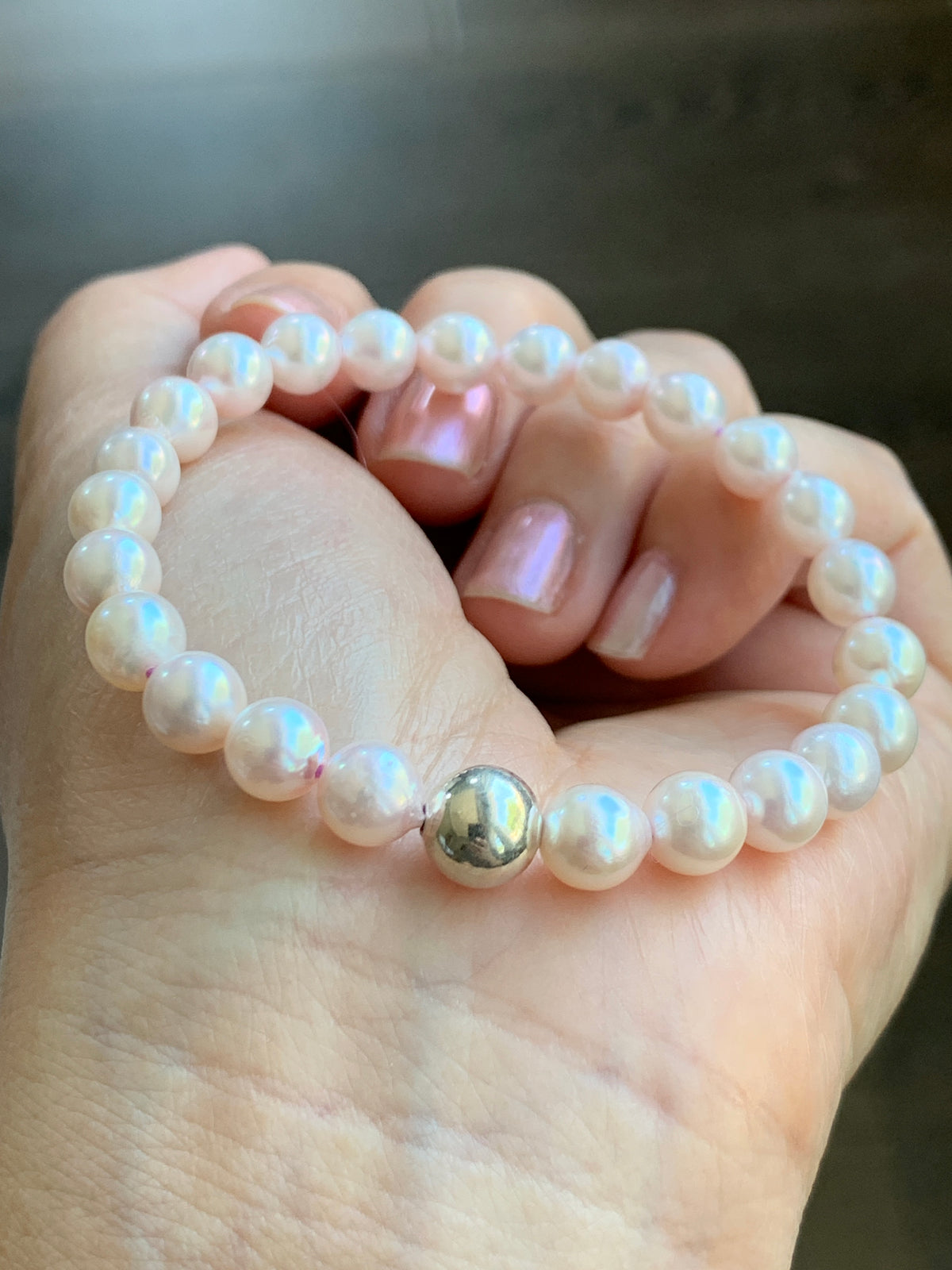 Natural Saltwater Akoya Peachy Blush Pearls and 925 Sterling Silver Ball Beaded Bracelet Stretchy 7” 天然淡粉海水珍珠纯银珠手串