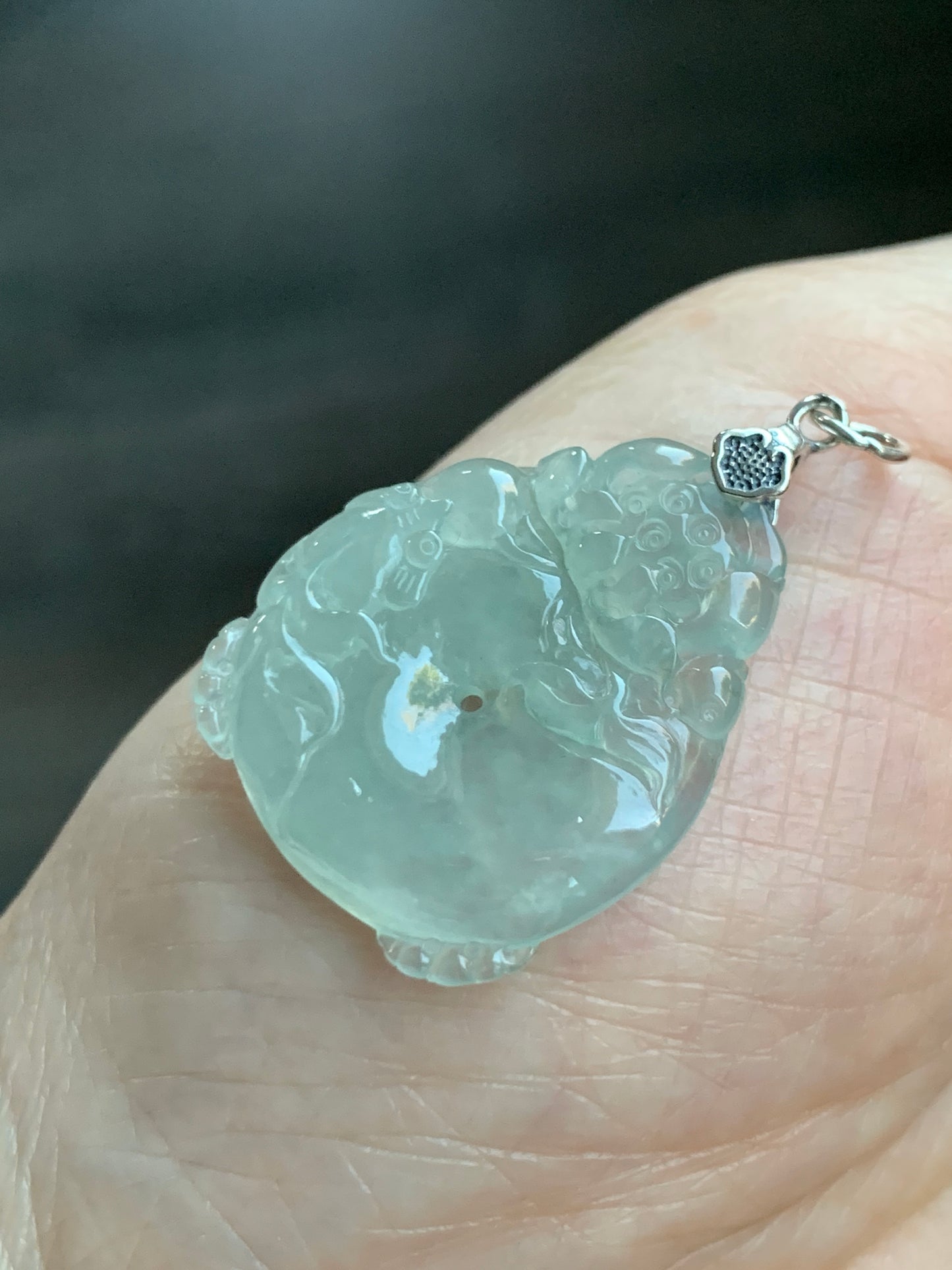 Certified Natural  Premium Icy Light Green Jadeite Lotus Flower Goldfish Ping An Kou Donut Pendant Sterling Silver 天然冰胶起光晴底翡翠莲花鱼吊坠