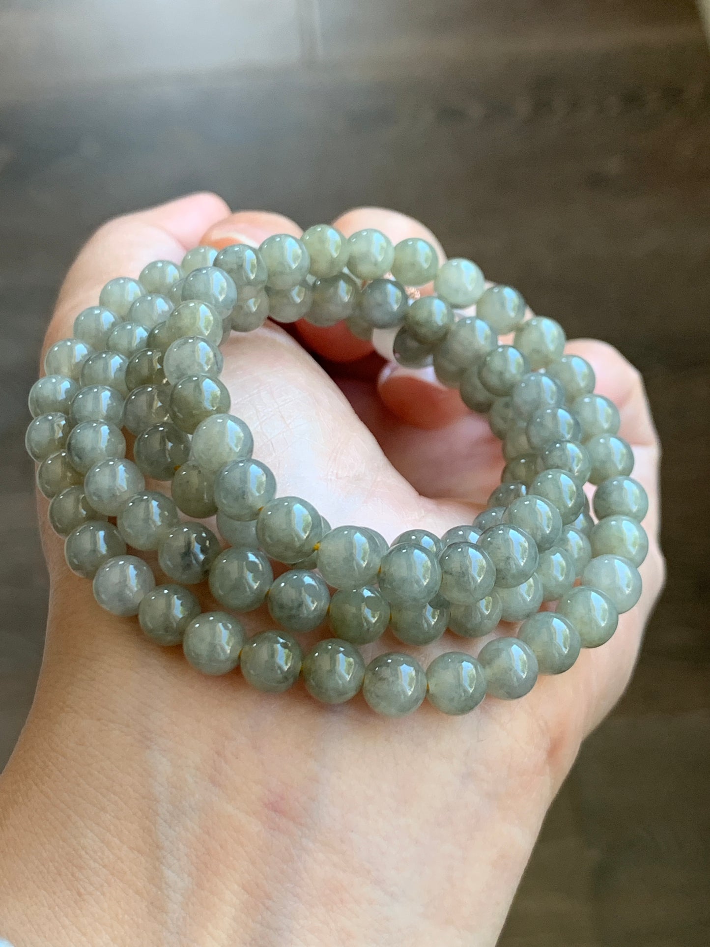 Natural Grade A Jade Jadeite Beaded Necklace Light Wuji Icy highly translucent gelatinous 6.3mm 25.5" 天然冰胶浅乌鸡翡翠圆珠长串 MWJ550