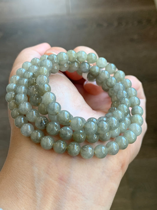 Natural Grade A Jade Jadeite Beaded Necklace Light Wuji Icy highly translucent gelatinous 6.3mm 25.5" 天然冰胶浅乌鸡翡翠圆珠长串 MWJ550
