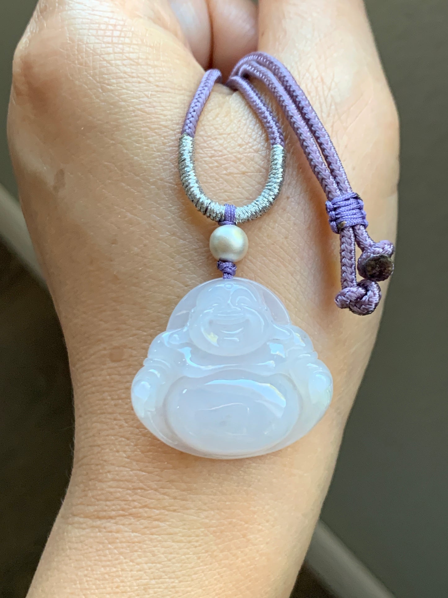 Certified Natural  Icy Translucent Pale Purple Jadeite Buddha Pendant Rope Necklace Sterling Silver 23” 天然冰淡紫底翡翠佛公吊坠 7076
