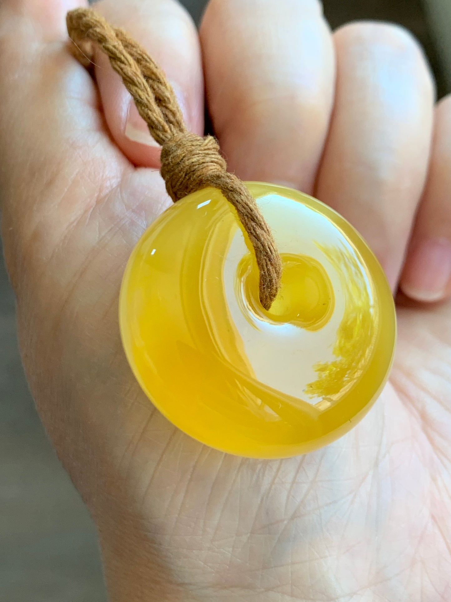 Natural Genuine Beewax Amber Large Ping An Kou Donut Rope Necklace 13g 25” Adjustable HPK550 天然蜜蜡平安扣吊坠怪件