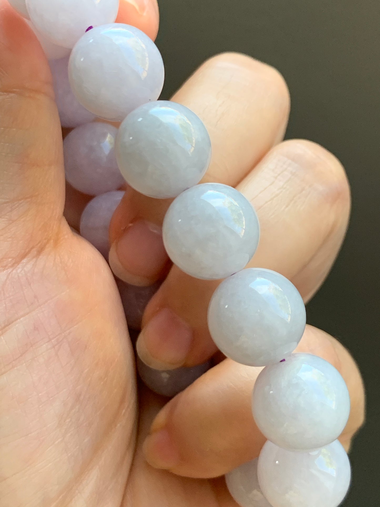 Certified Natural  Icy Translucent White Jadeite Light Lavender Undertone Beads Beaded Bracelet 13.4mm 8” 68.9g 天然冰胶紫底翡翠大卡手串 4100