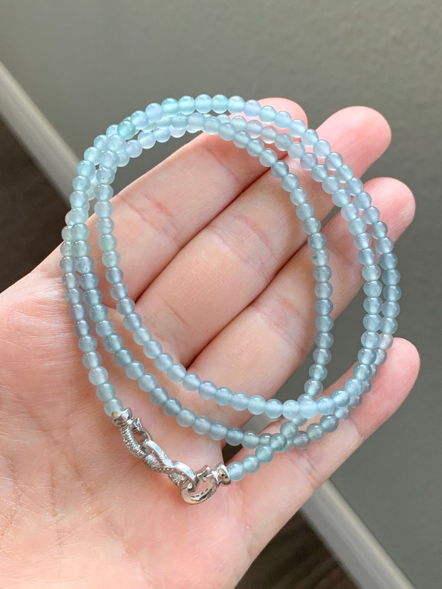 Natural Guatemalan Icy Highly Translucent Light Blue Jadeite Beaded Necklaces 3.8mm A Set of Two