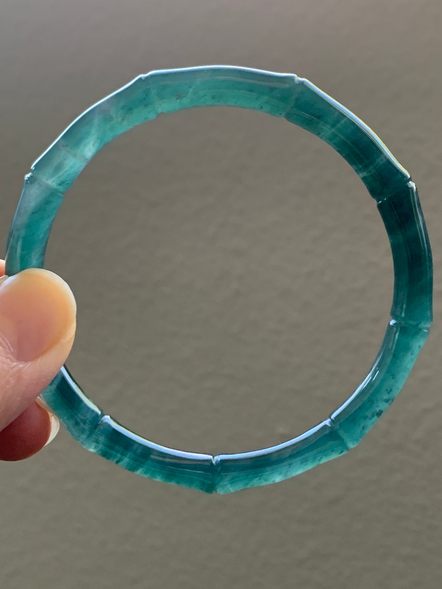Certified Natural Grade A Icy Translucent Gelatinous Dark Teal Green Jadeite Carved Bamboo Bangle Bracelet 56.7mm 7” 19.2g 天然冰危深篮绿翡翠竹节手镯 7828