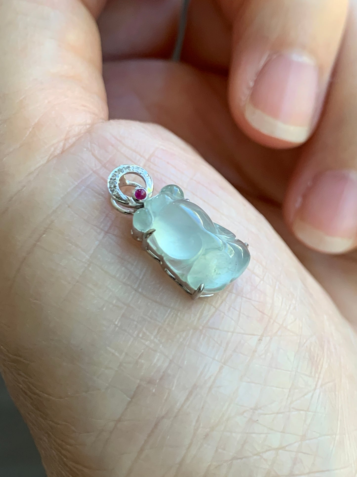 Certified Natural  Icy Highly Translucent Gelatinous Jadeite Goldfish Diamond & Ruby Pendant 18K White Gold 天然冰胶起光翡翠金鱼钻石红宝镶嵌吊坠