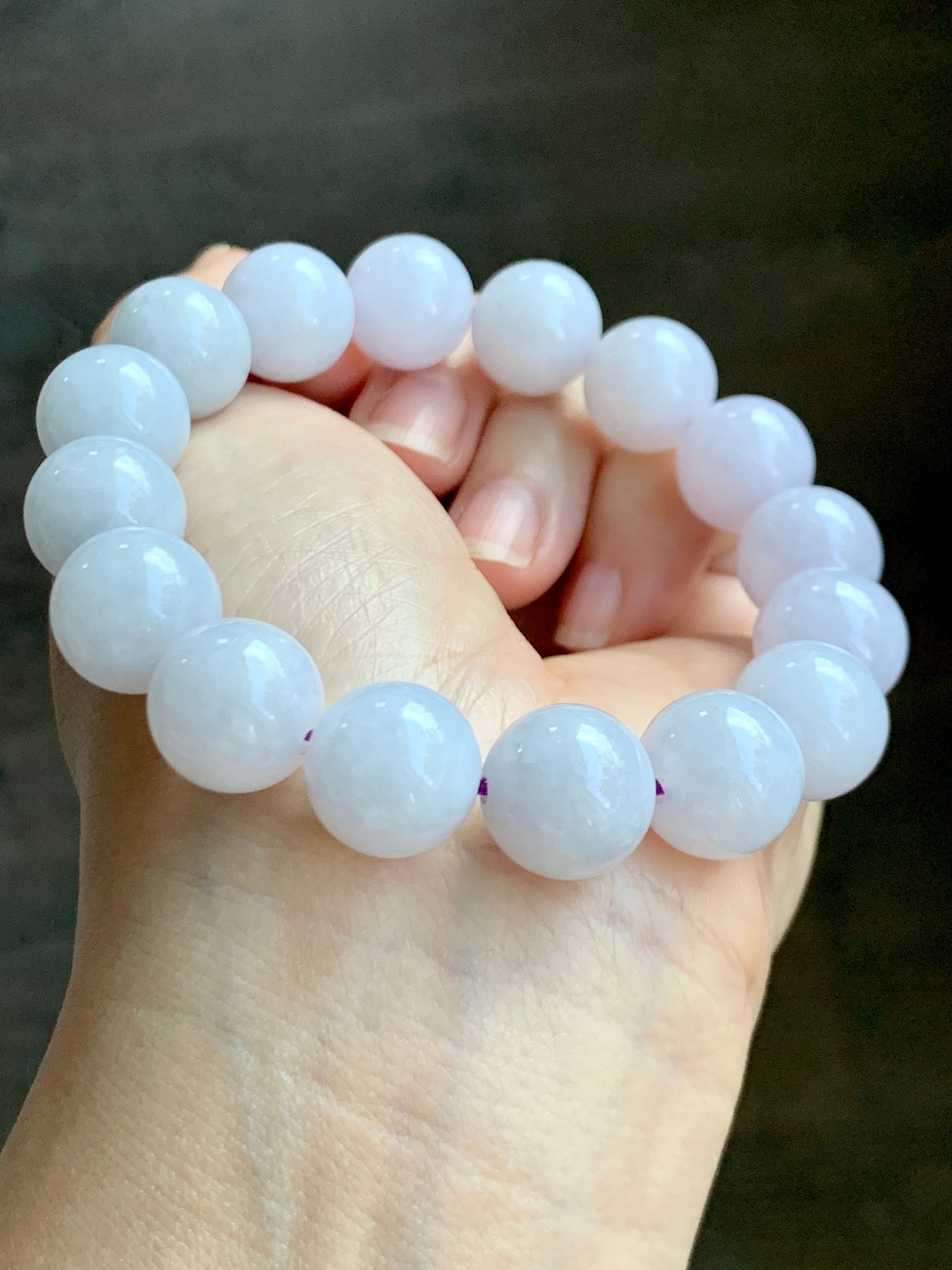 Certified Natural  Icy Translucent White Jadeite Light Lavender Undertone Beads Beaded Bracelet 13.4mm 8” 68.9g 天然冰胶紫底翡翠大卡手串 4100