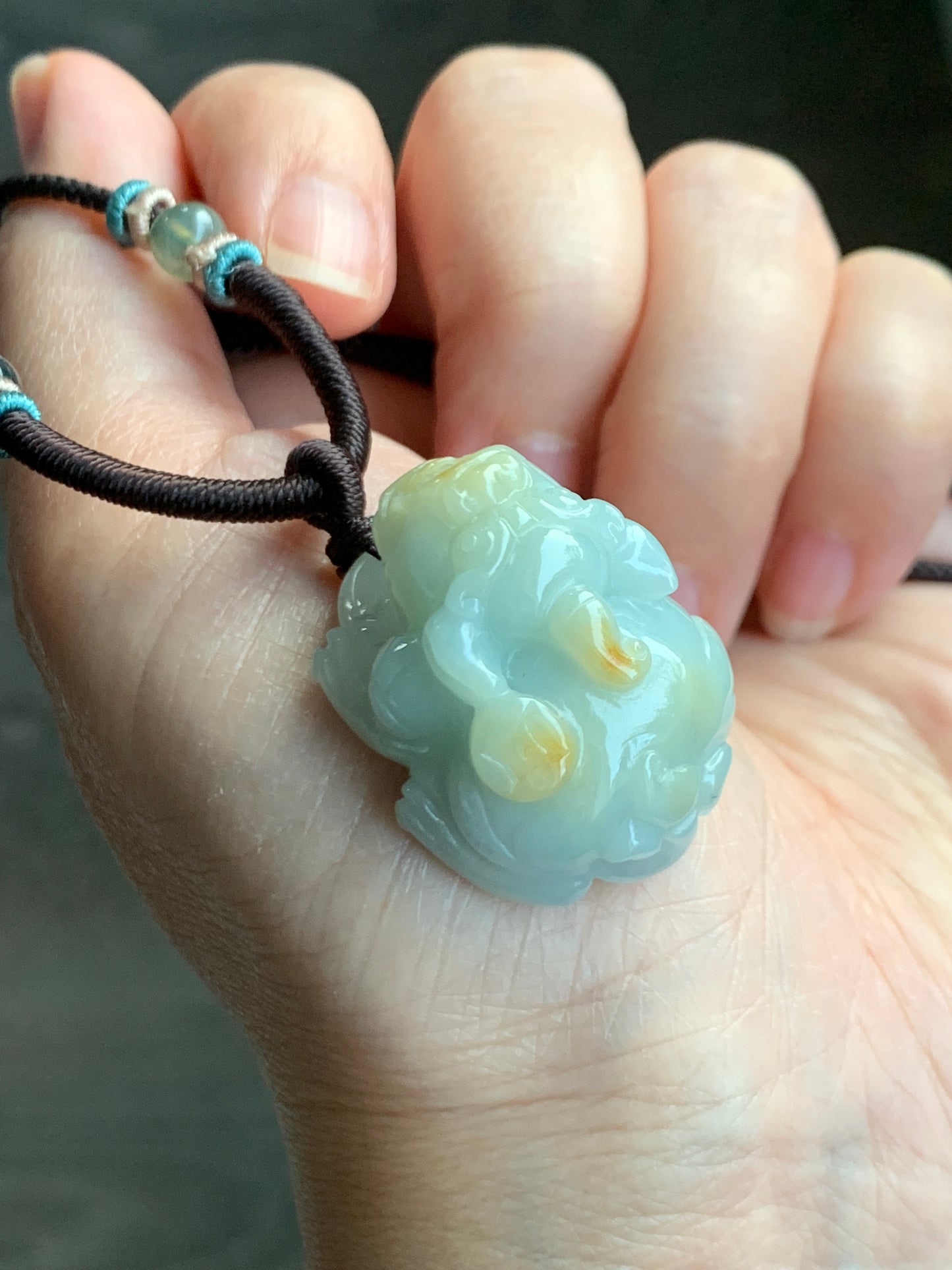 Large Natural  Jadeite Icy Translucent Light Blue Jadeite w/ Golden Yellow Marbling Pixiu Pendant Rope Necklace 天然厚装冰蓝撒金翡翠貔貅吊坠