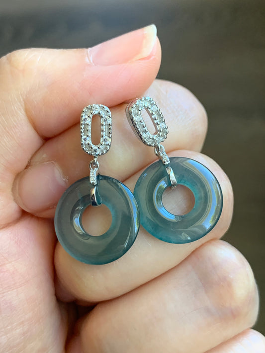 Natural Guatemalan Icy Translucent Dark Teal Blue Jadeite Ping An Kou Donut Stud Earrings Sterling Silver天然冰危深蓝绿翡翠平安扣耳钉