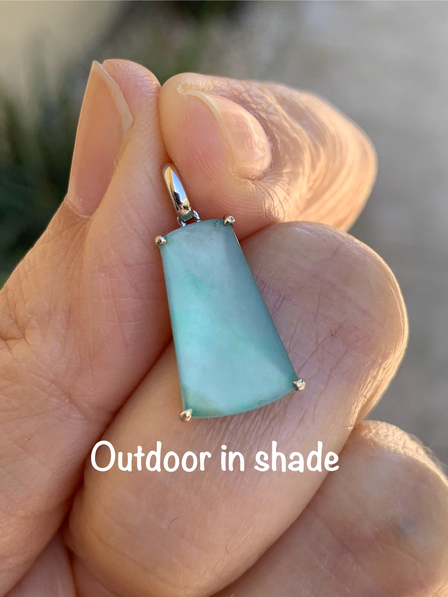 Petite Certified Natural  Icy Highly Translucent Light Green Jadeite Wu Shi Pai Amulet 18K White Gold 1.26g 天然冰果绿翡翠无事牌镶嵌吊坠 6890