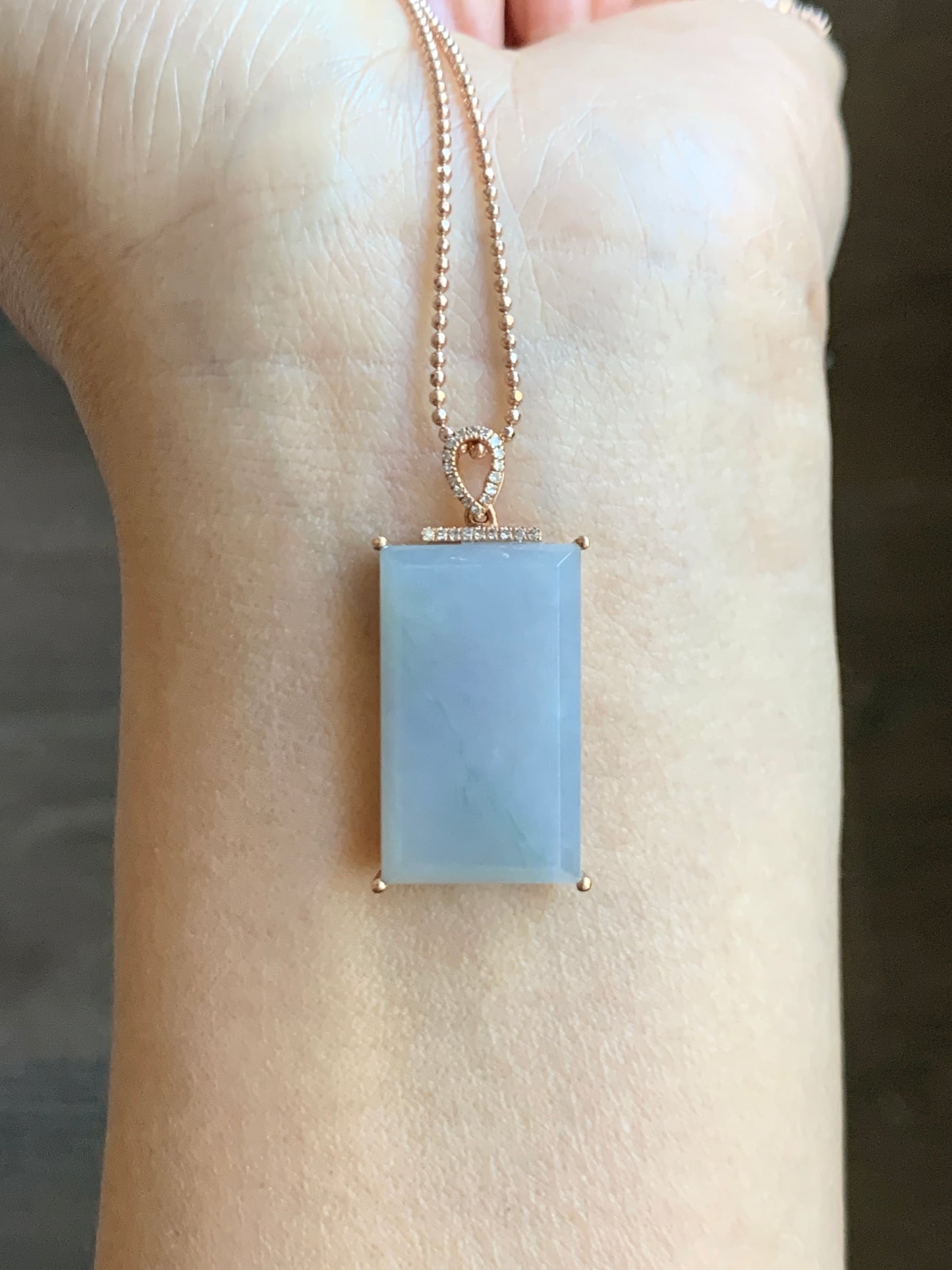 Certified Natural Grade A Pastel Purple Green Marbled Jade Jadeite Wu Shi Pai Pendant 18K Rose Gold Diamonds 5.5g 天然翡翠冰紫飘绿花钻石无事牌镶嵌吊坠 3157