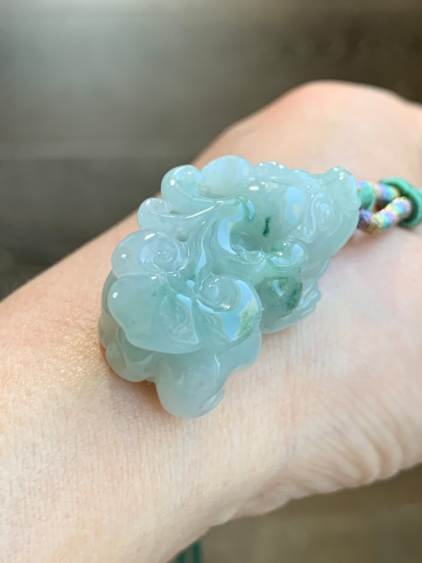 Natural Grade A Icy Translucent Gelatinous Green Marbled Jadeite Carved Pixiu Pendant Rope Necklace Adjustable 25" 24g 天然冰胶精工飘绿花翡翠貔貅吊坠