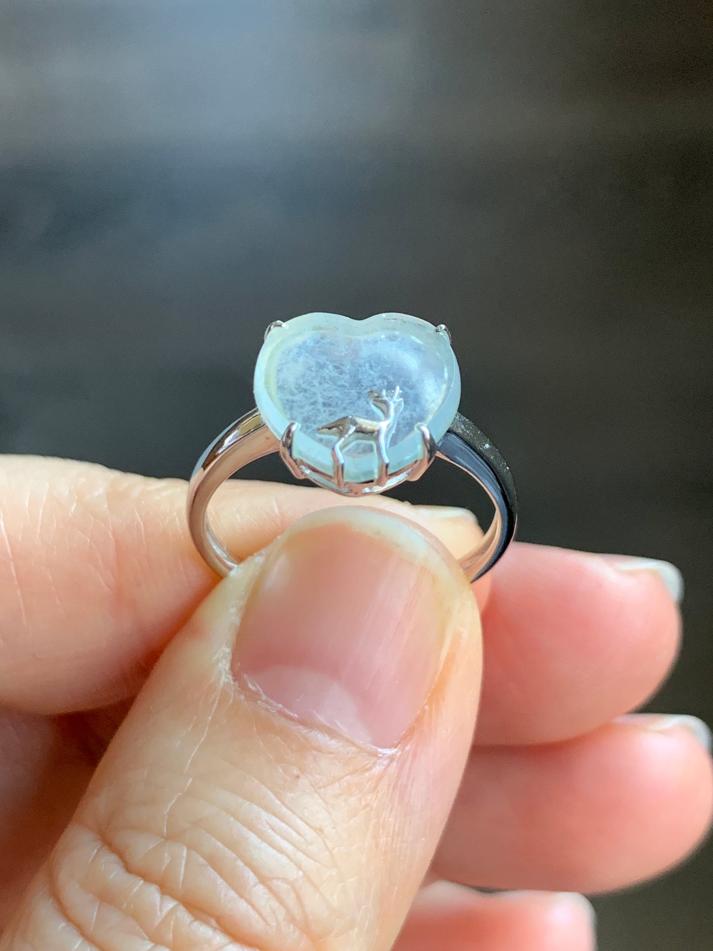 Certified Natural Grade A Premium Icy Transparent White Jadeite Heart w/ Deer Ring 18K White Gold Size 7 2.38g 天然玻璃种起钢白冰翡翠爱心小鹿镶嵌戒指 3887