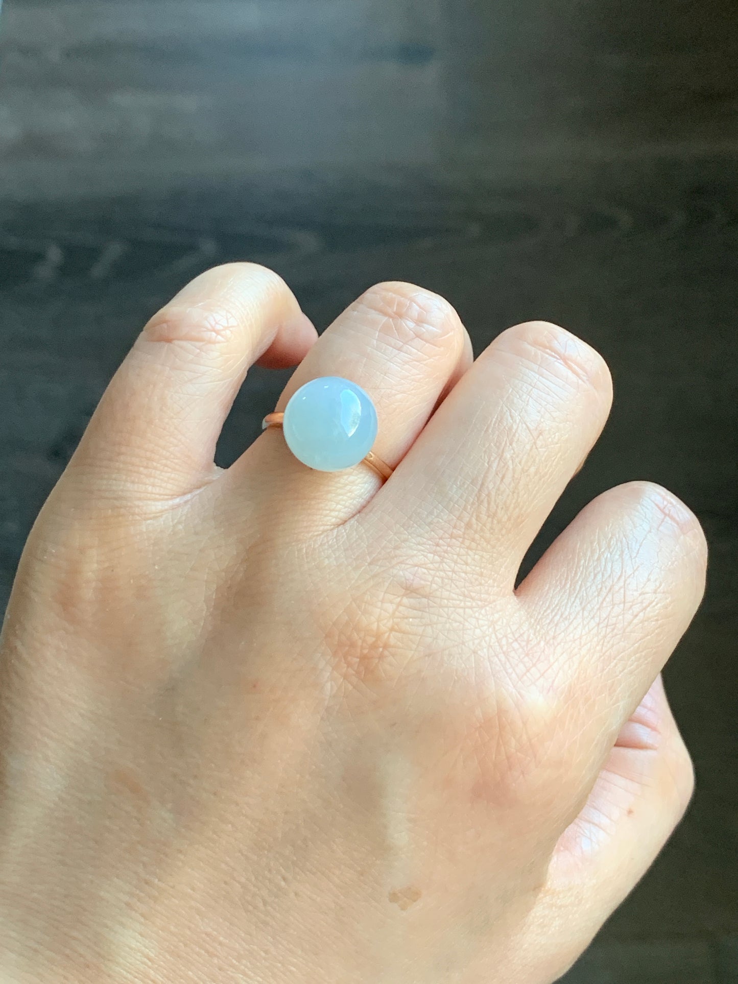 Certified Natural Grade A Icy Translucent Gelatinous Light Blue Jadeite Sphere Round Bead Ring 18K Rose Gold 4.71g sz 7 US 天然A货冰胶淡蓝翡翠单珠镶嵌戒指