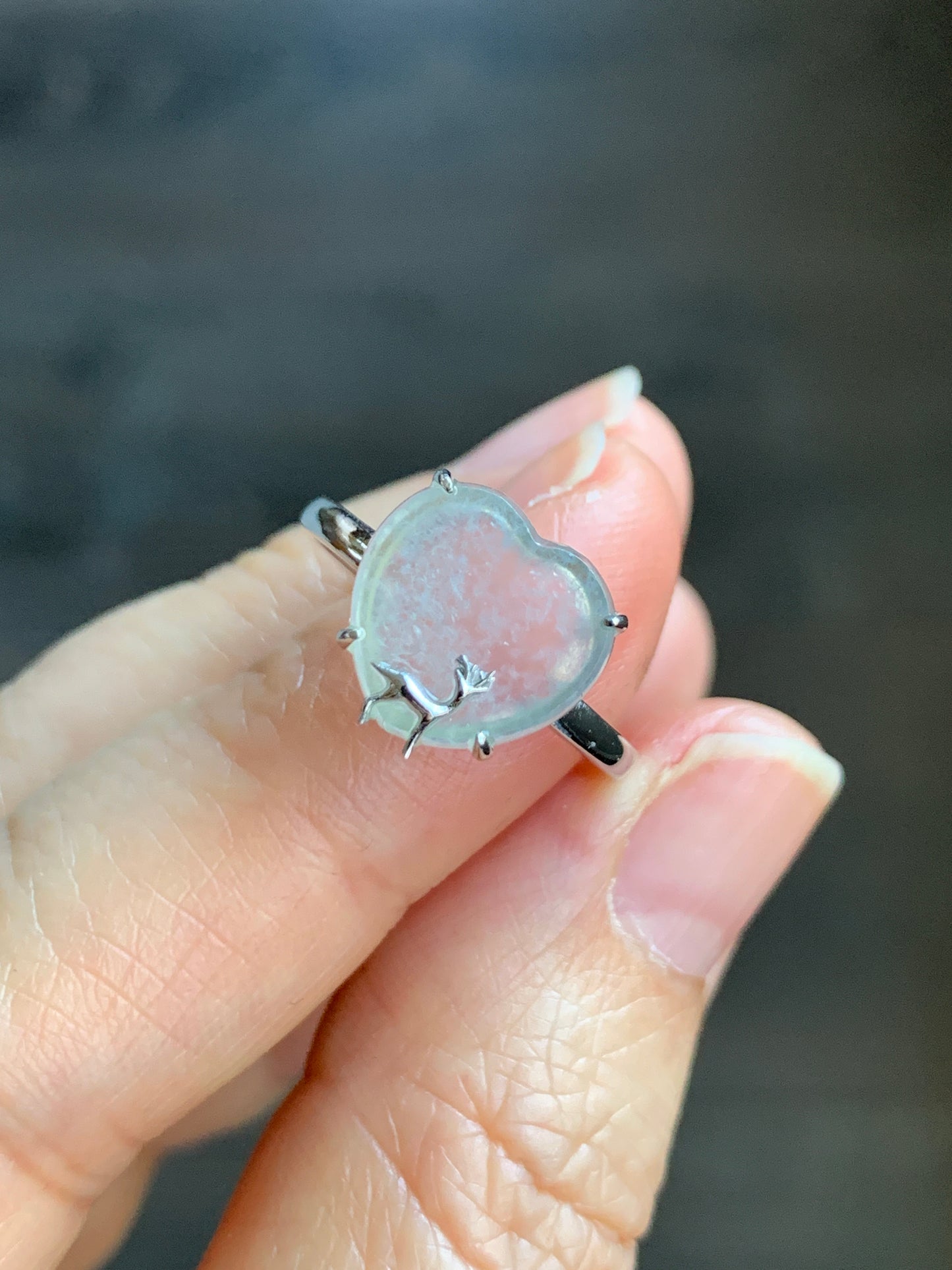 Certified Natural Grade A Premium Icy Transparent White Jadeite Heart w/ Deer Ring 18K White Gold Size 7 2.38g 天然玻璃种起钢白冰翡翠爱心小鹿镶嵌戒指 3887