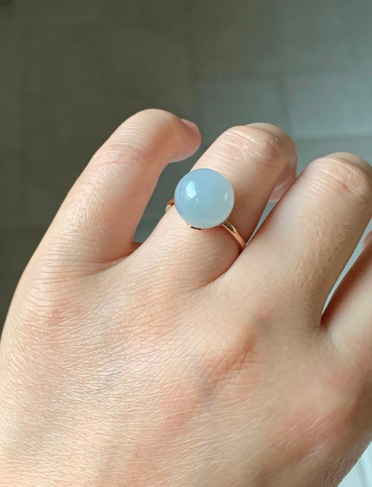 Certified Natural Grade A Icy Translucent Gelatinous Light Blue Jadeite Sphere Round Bead Ring 18K Rose Gold 4.71g sz 7 US 天然A货冰胶淡蓝翡翠单珠镶嵌戒指