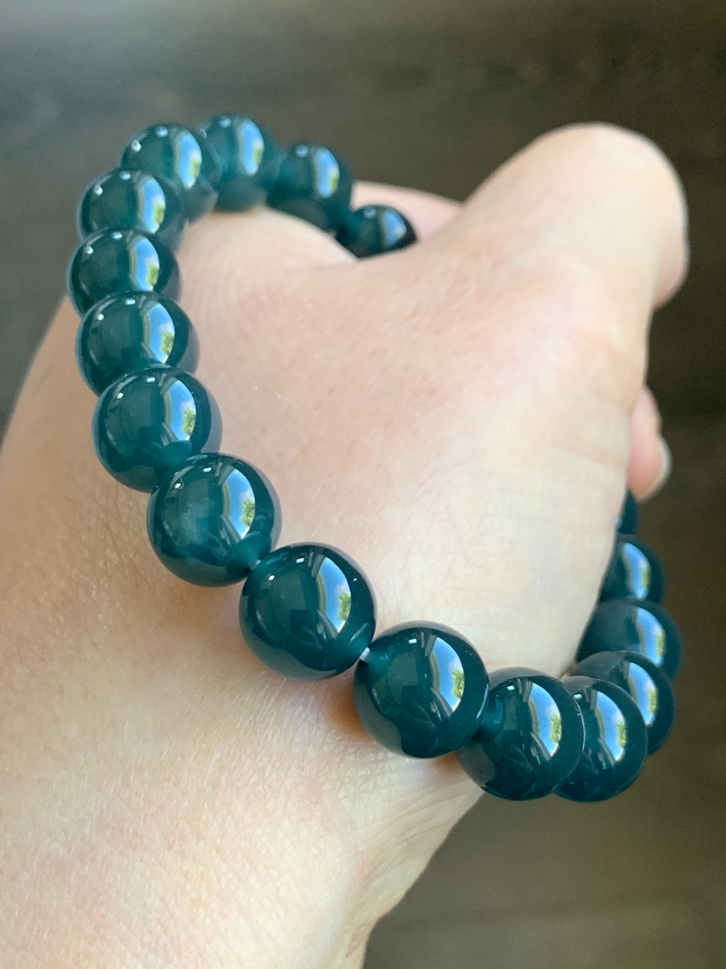 Certified Natural Grade A Icy Highly Translucent Gelatinous Dark Teal Blue Jadeite Beaded Bracelet 9.9mm 7.25” 33g 7817