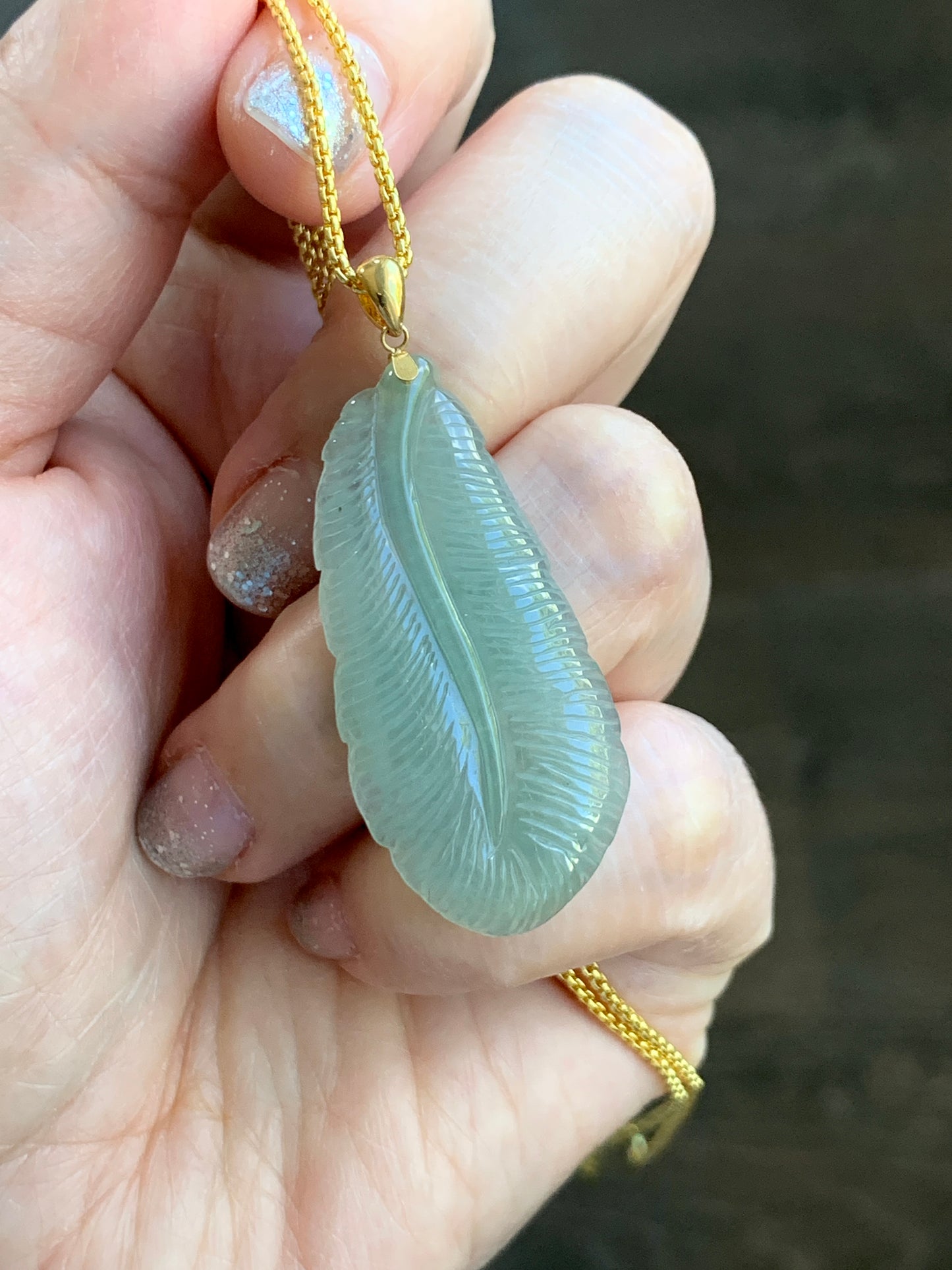 Natural Grade A Icy Translucent Light Green Jade Jadeite Carved Large Feather Pendant 18K Yellow Gold Bail 天然冰绿翡翠羽毛镶嵌吊坠 MQL228