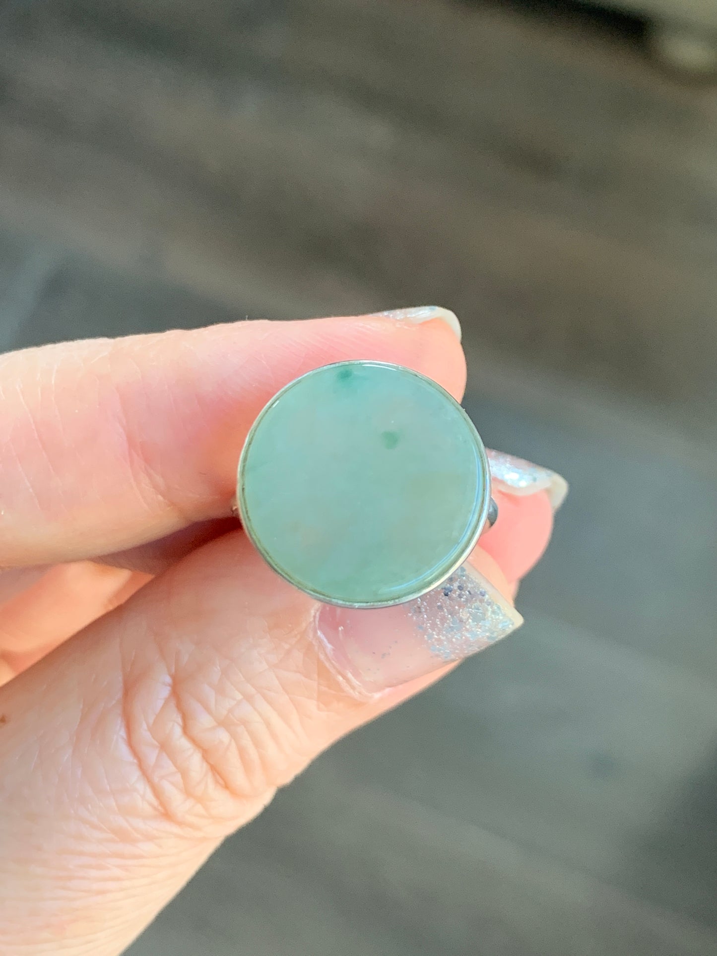 Natural Grade A Icy Translucent Gelatinous Dusty Green w/ Green Marbling Jade Jadeite Disc Ring S925 Silver Size Adjustable 天然晴绿飘花翡翠无事牌银镶戒指 WSP