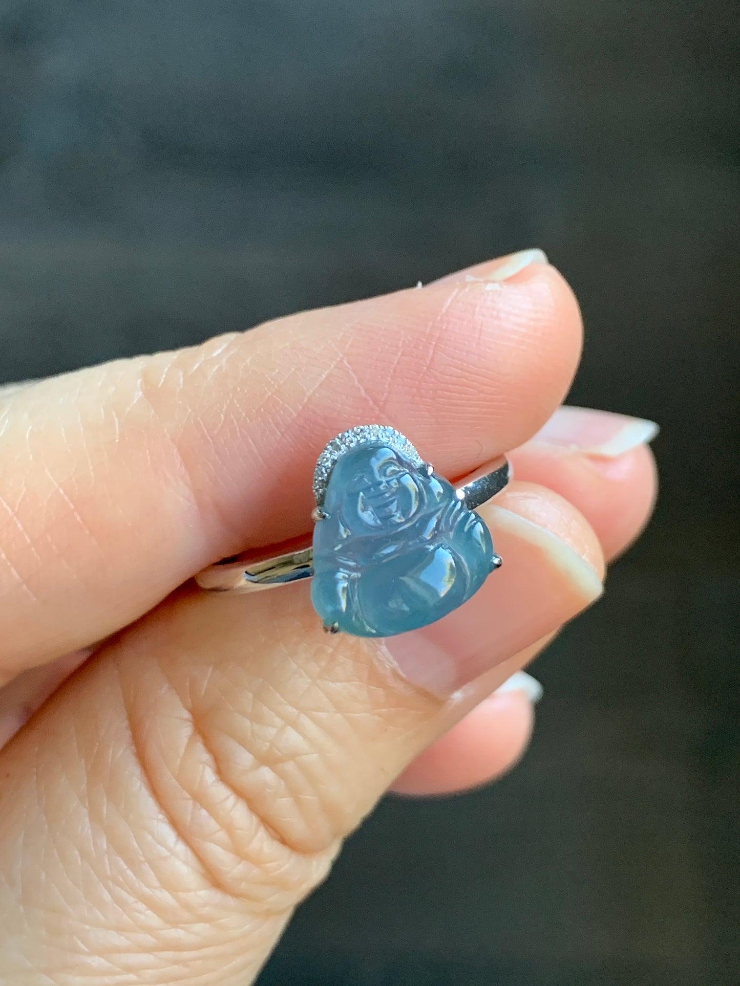 Certified Natural Guatemalan Highly Translucent Blue Jadeite Buddha & Diamond Ring 18K White Gold Size 7 天然高冰危蓝水翡翠佛公钻石镶嵌戒指
