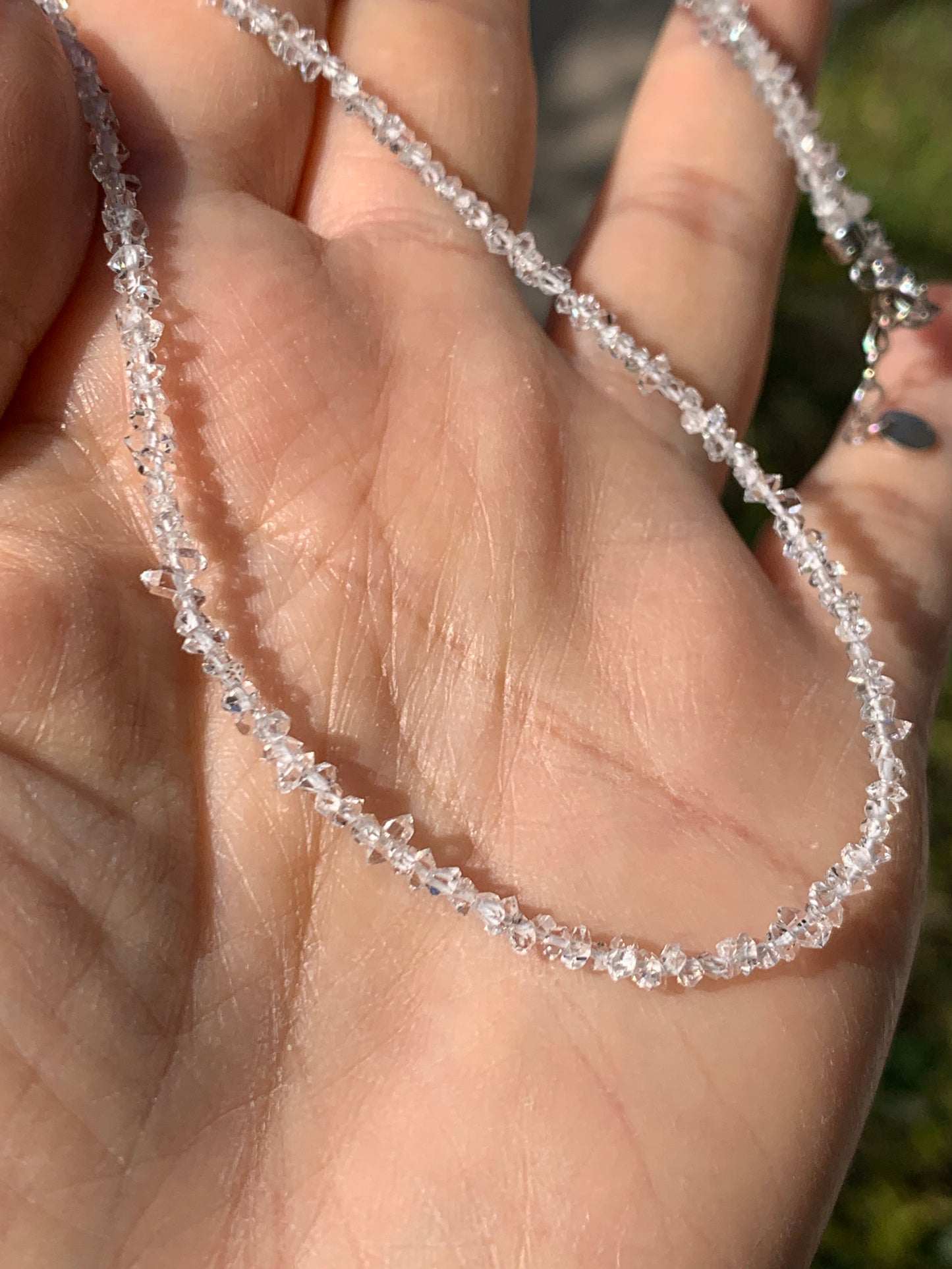 Certified Natural White Quartz Chips Beaded Necklace Sterling Silver Clasp 2.6mm 16.5”-17.25” 3.16g 天然白水晶碎碎项链